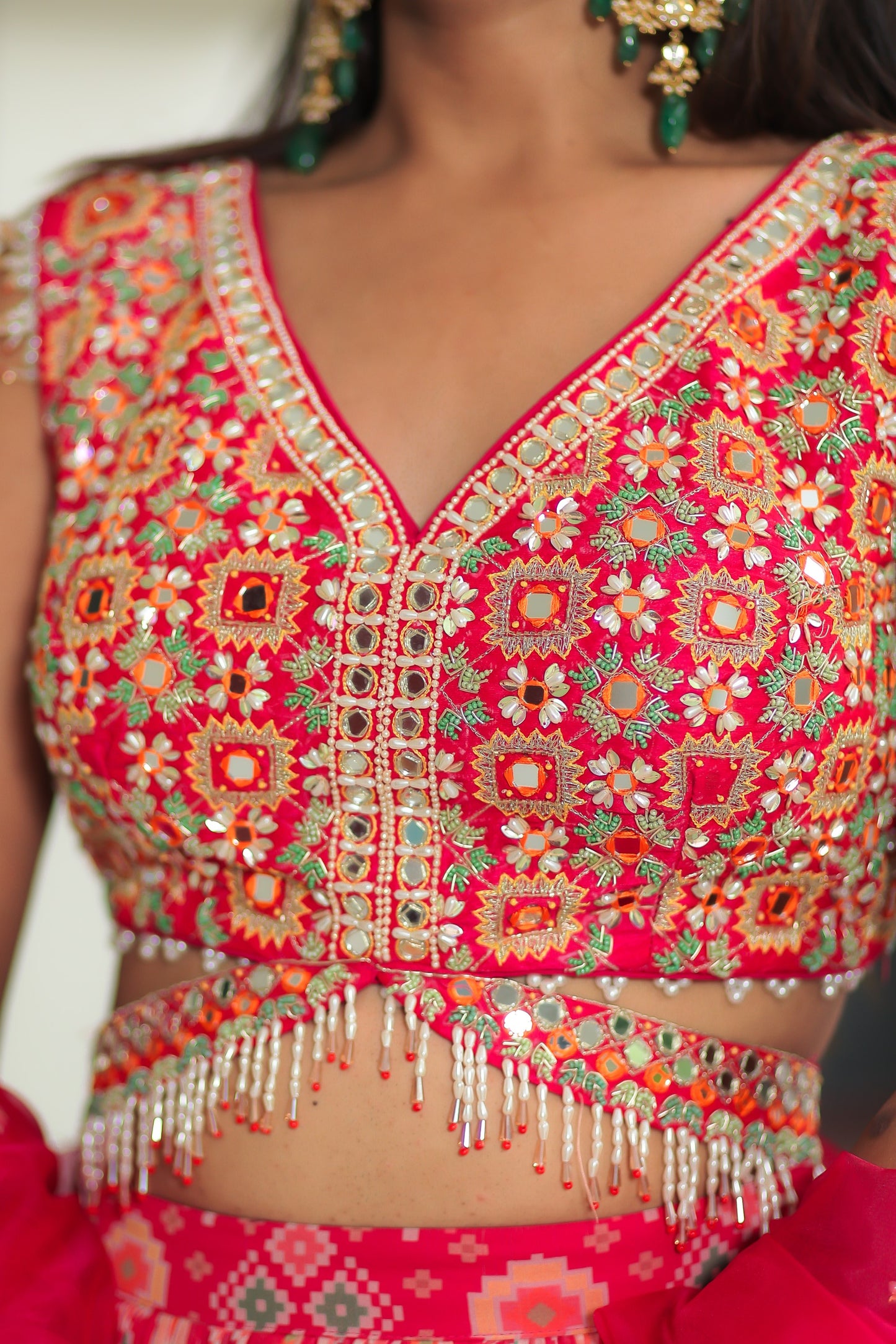 Pink Georgette Patola Print Skirt With Blouse And Dupatta