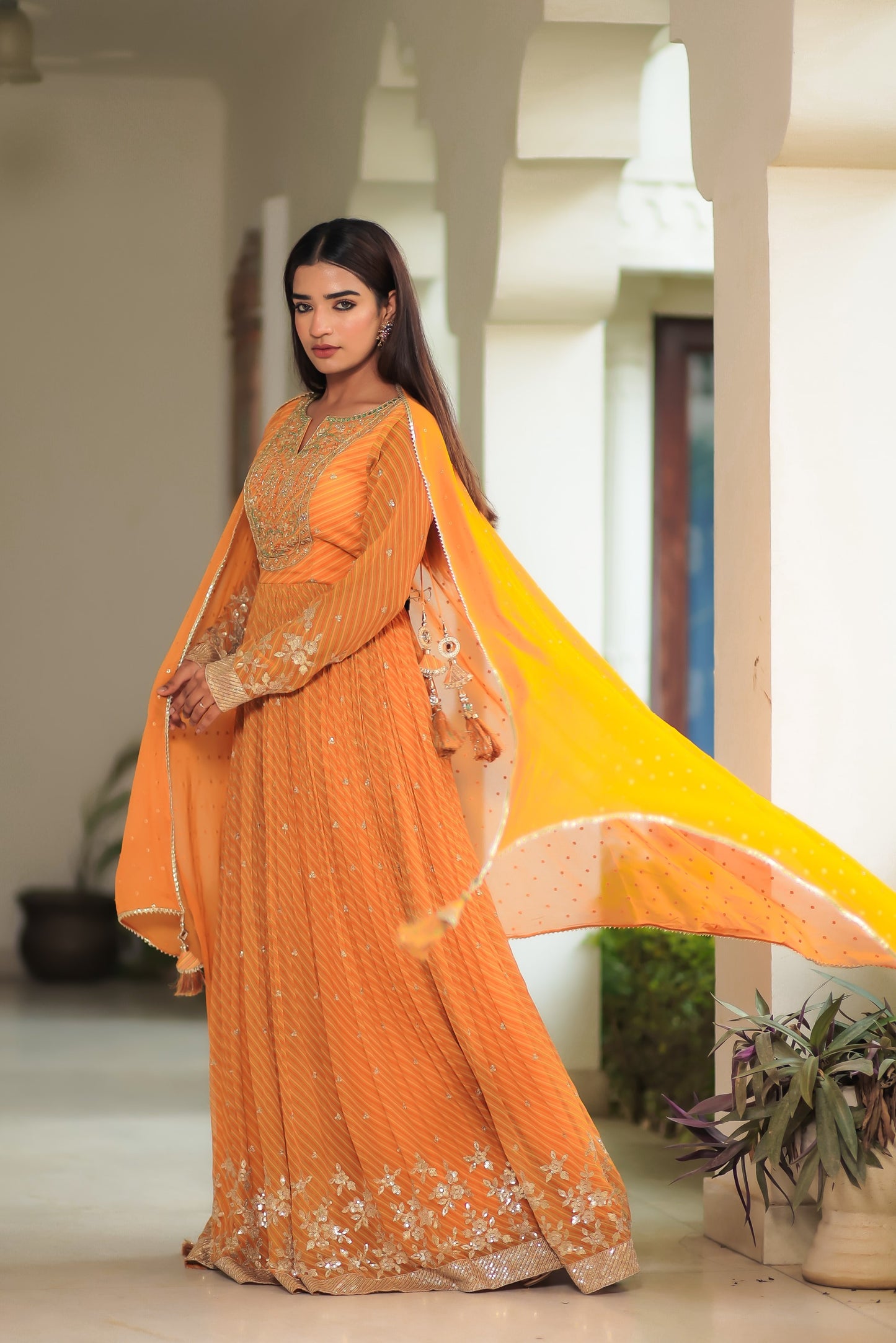 Honey Orange Leheriya Flared Gown Set