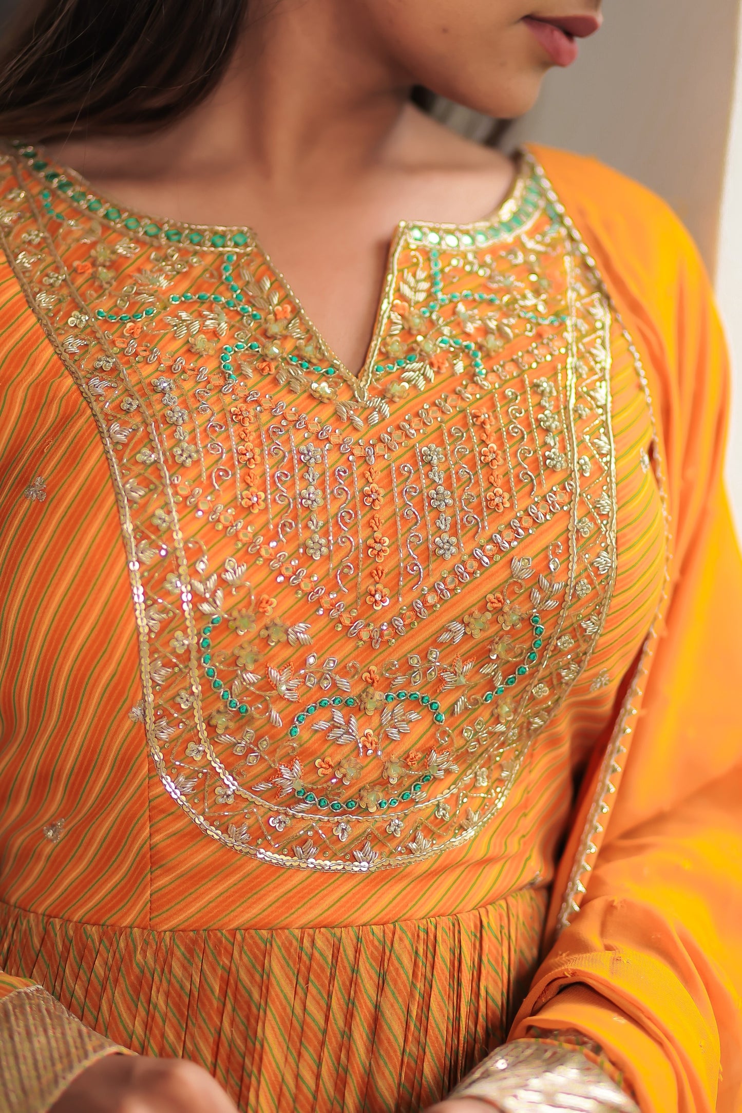 Honey Orange Leheriya Flared Gown Set