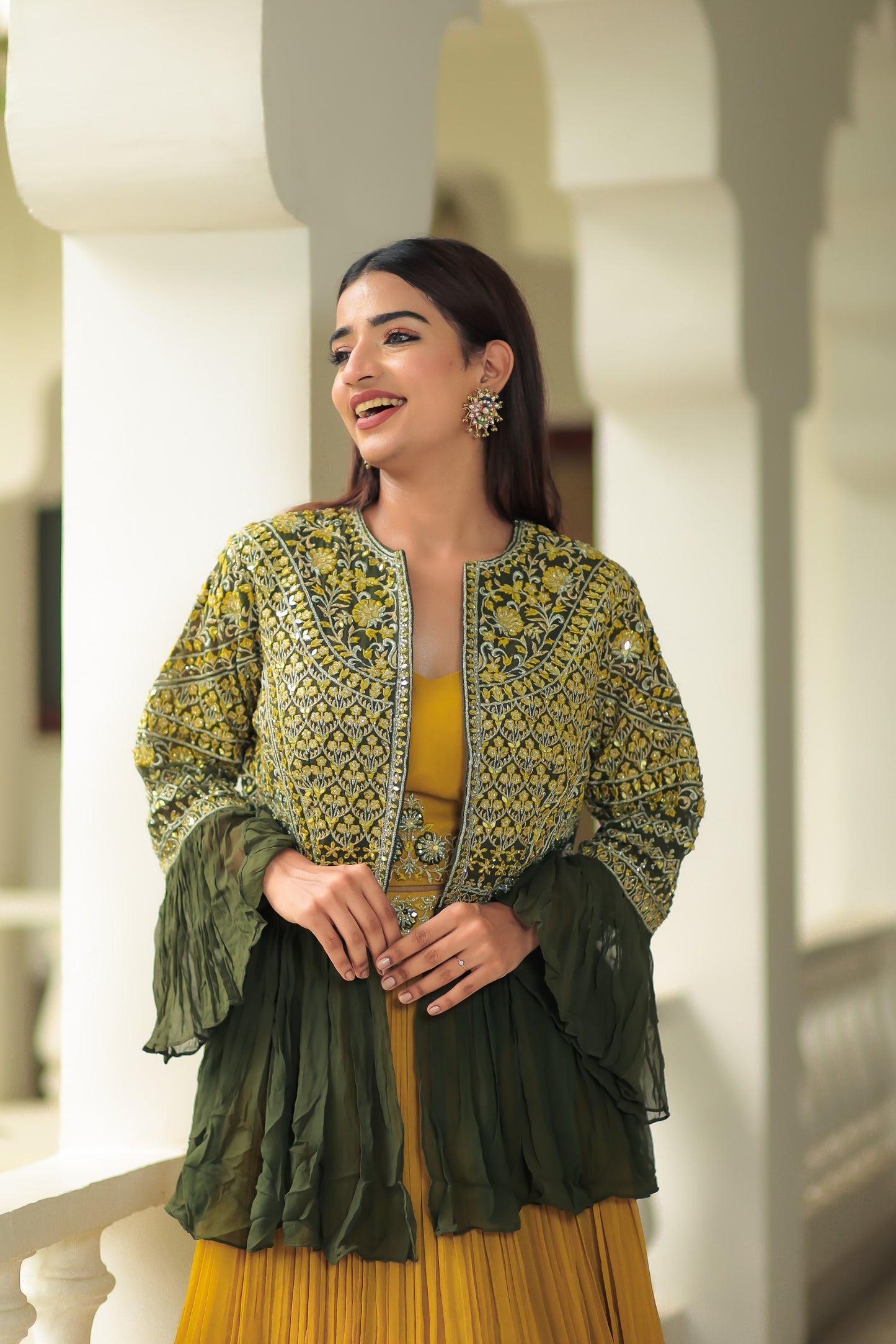 Corn Yellow Crop Top Skirt With Sap Green Jacket