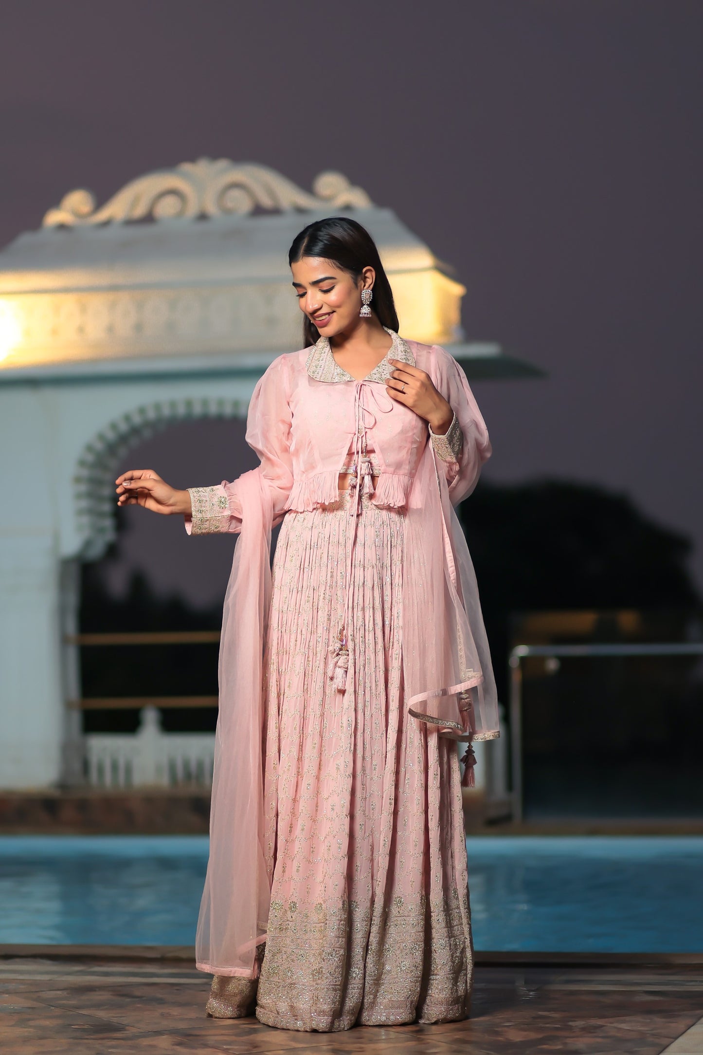 Baby Pink Skirt Crop Top Set With Zari Embroidery And Cropped Jacket