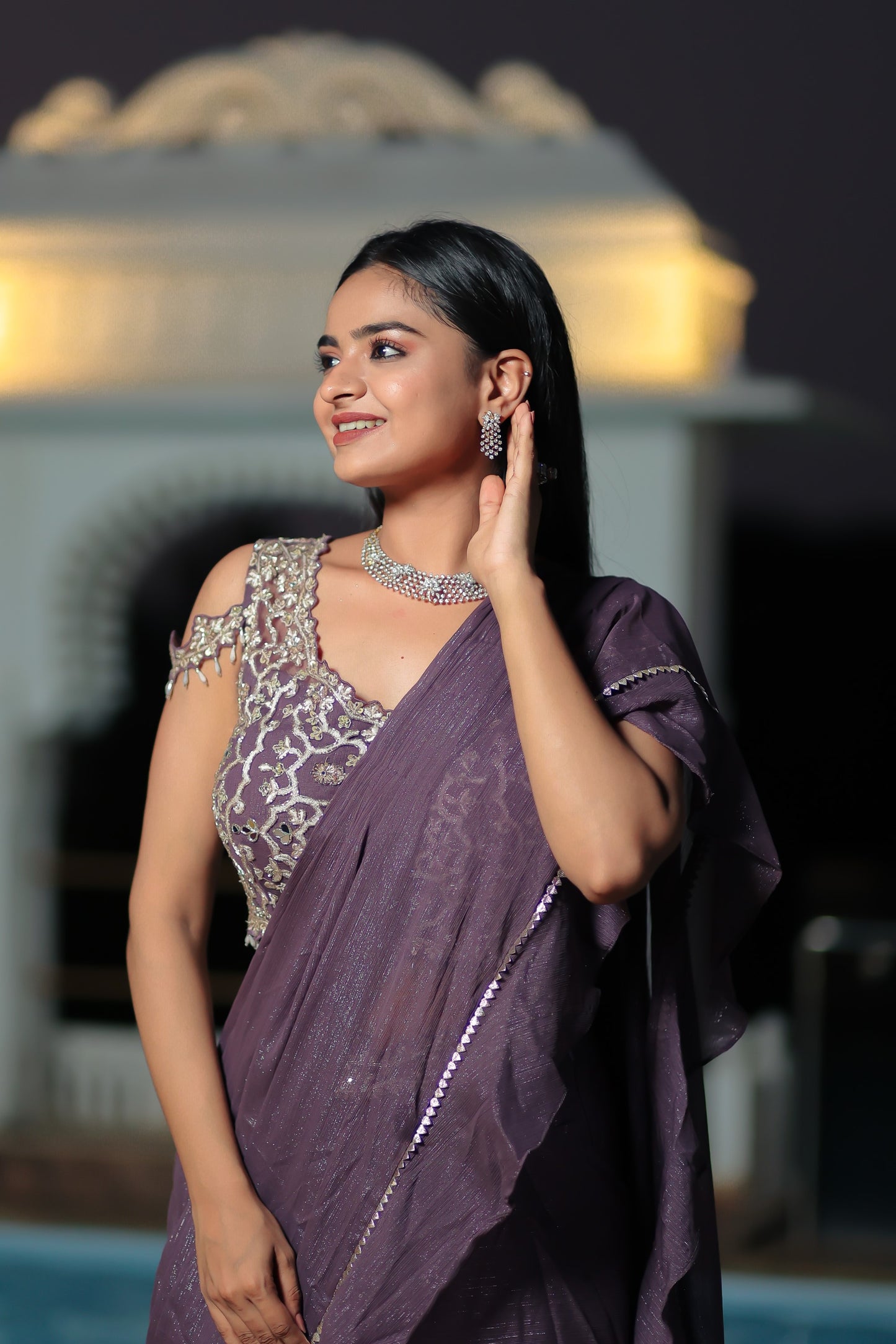 English Violet Crush Shimmer Mermaid Cut Drape Saree