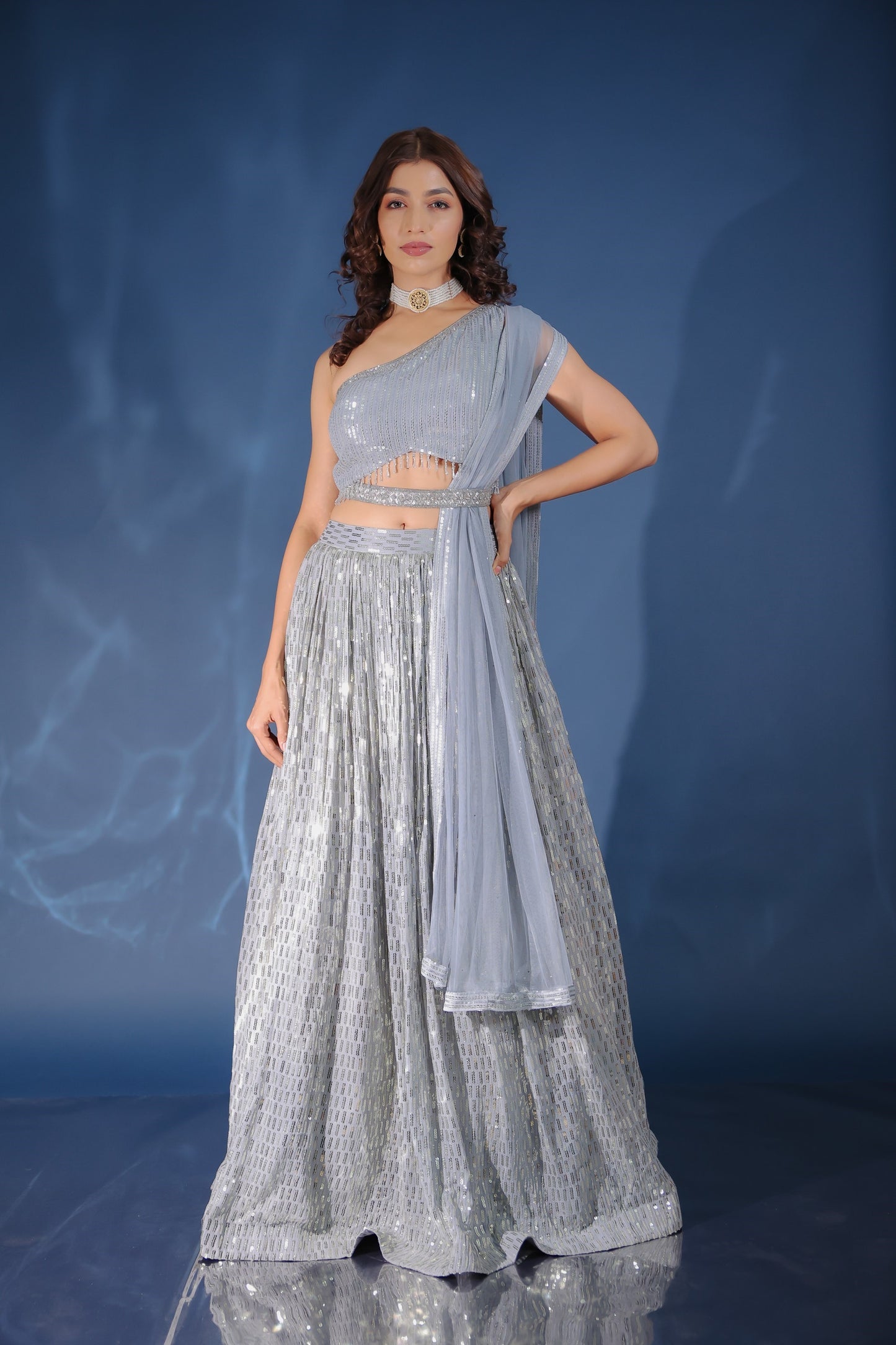 Cloudy Grey Sequin Asymmetric Neck Crop Top Set