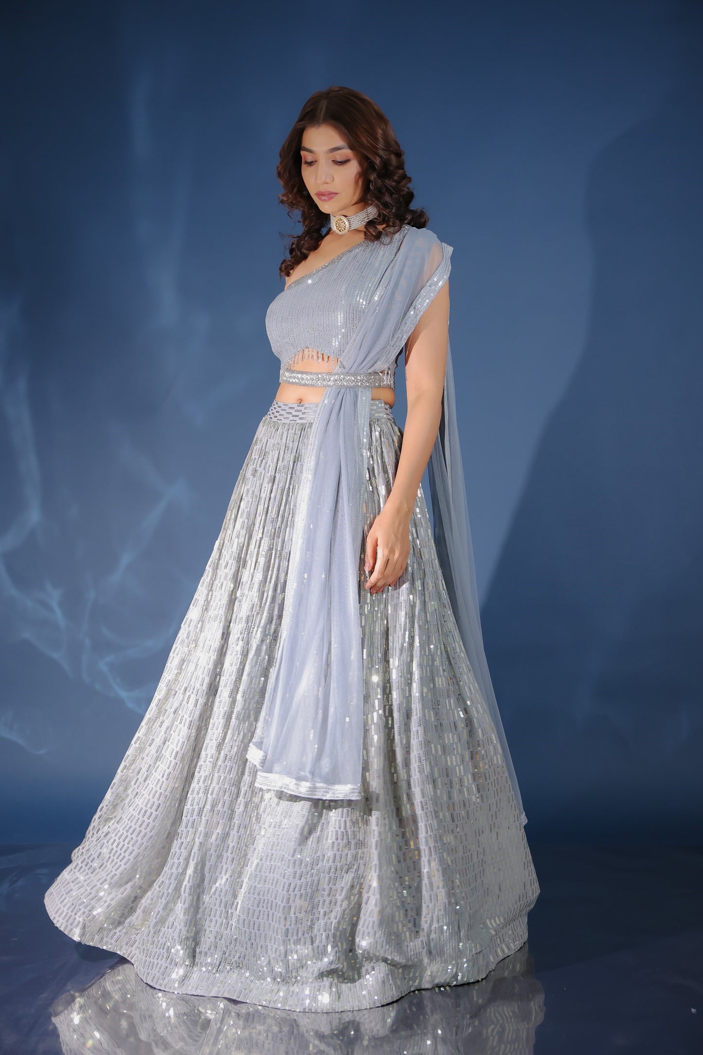 Cloudy Grey Sequin Asymmetric Neck Crop Top Set