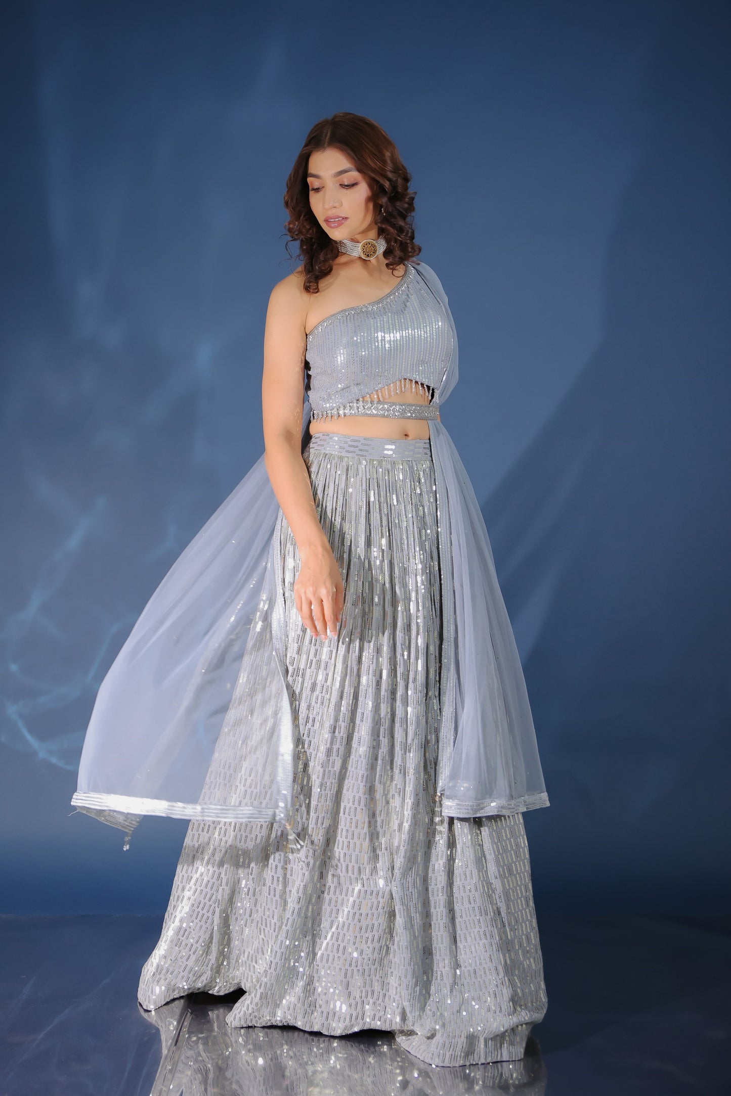 Cloudy Grey Sequin Asymmetric Neck Crop Top Set