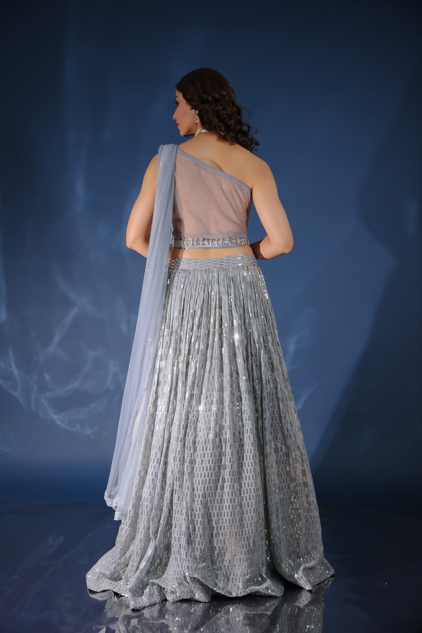 Cloudy Grey Sequin Asymmetric Neck Crop Top Set