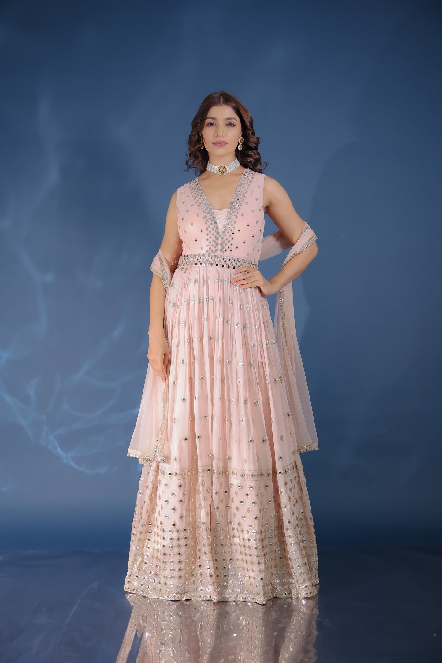 Rose Gold Georgette Embellished Gown Set