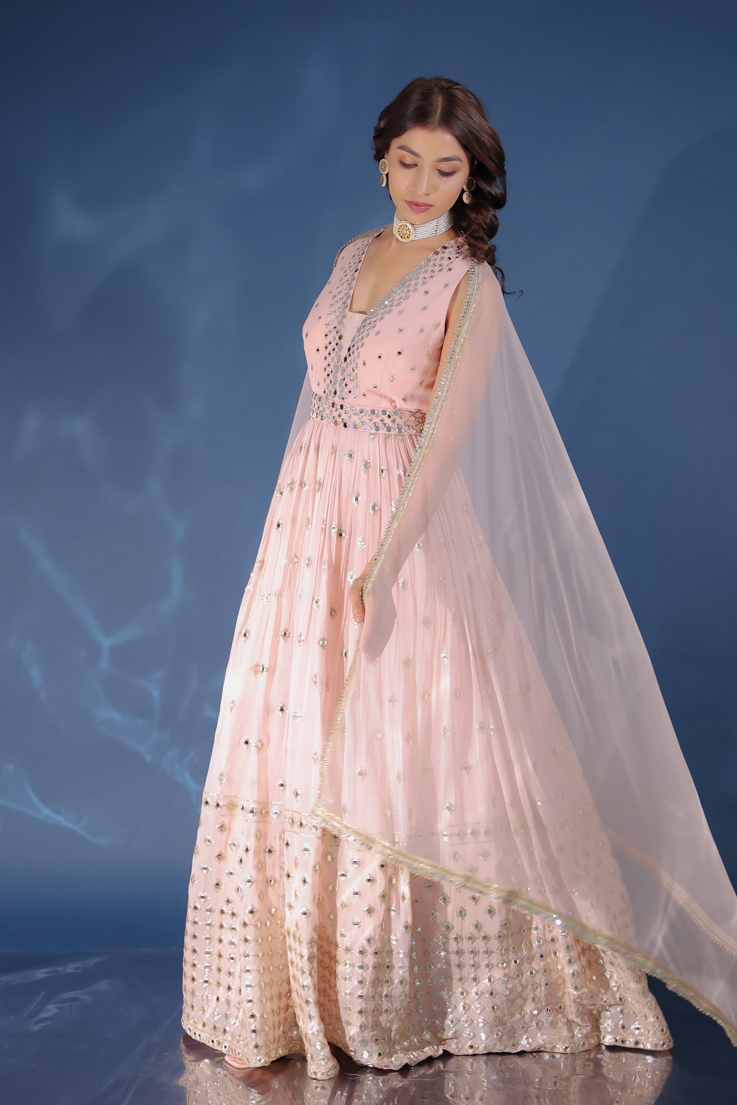 Rose Gold Georgette Embellished Gown Set