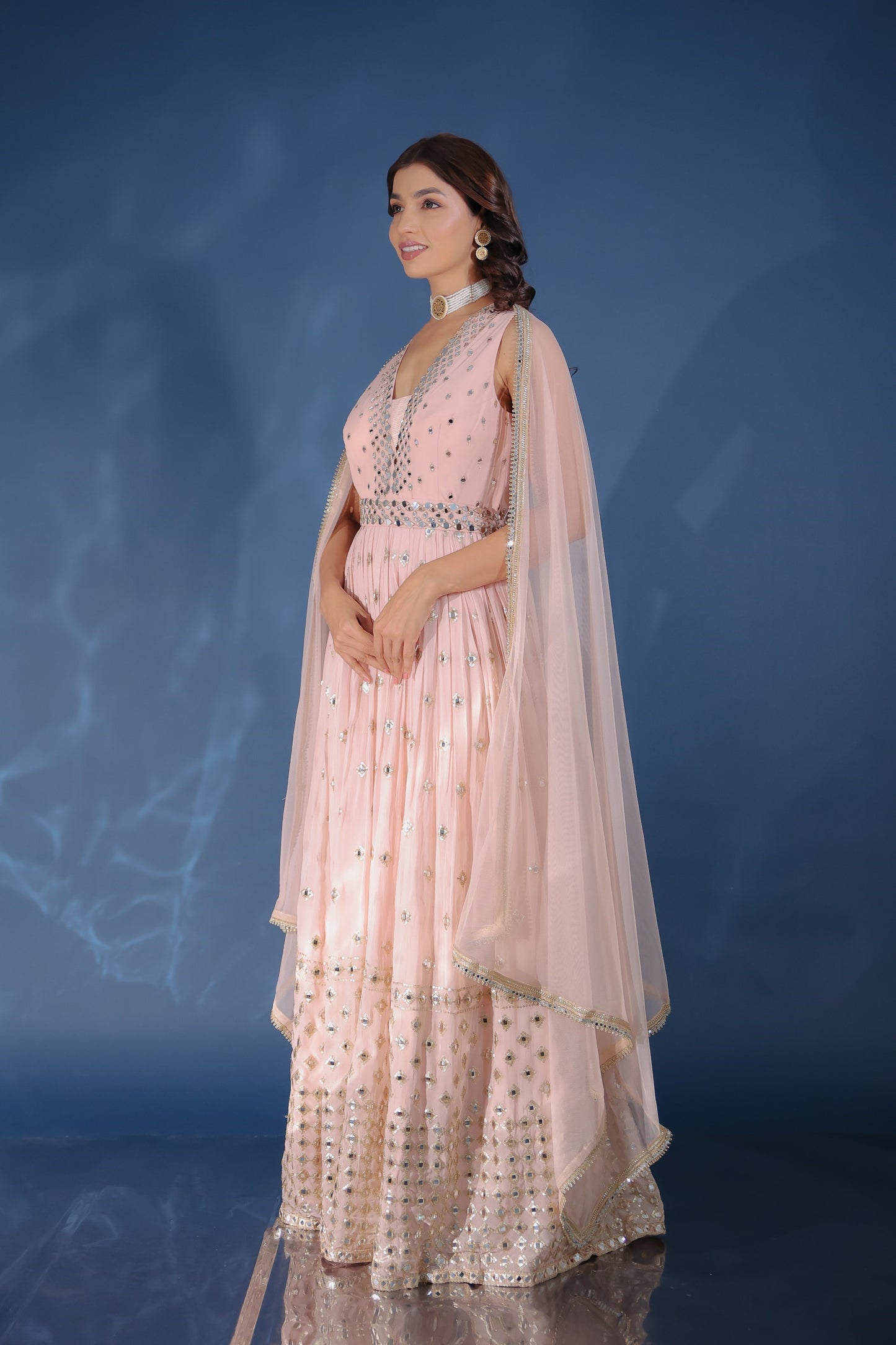 Rose Gold Georgette Embellished Gown Set