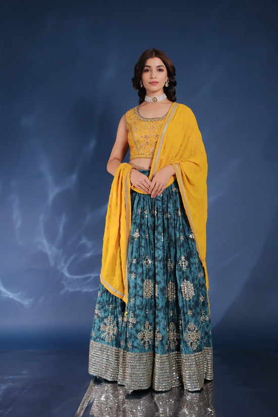 Mustard Yellow Crop Top With Marbel Print Embellished Skirt And Dupatta