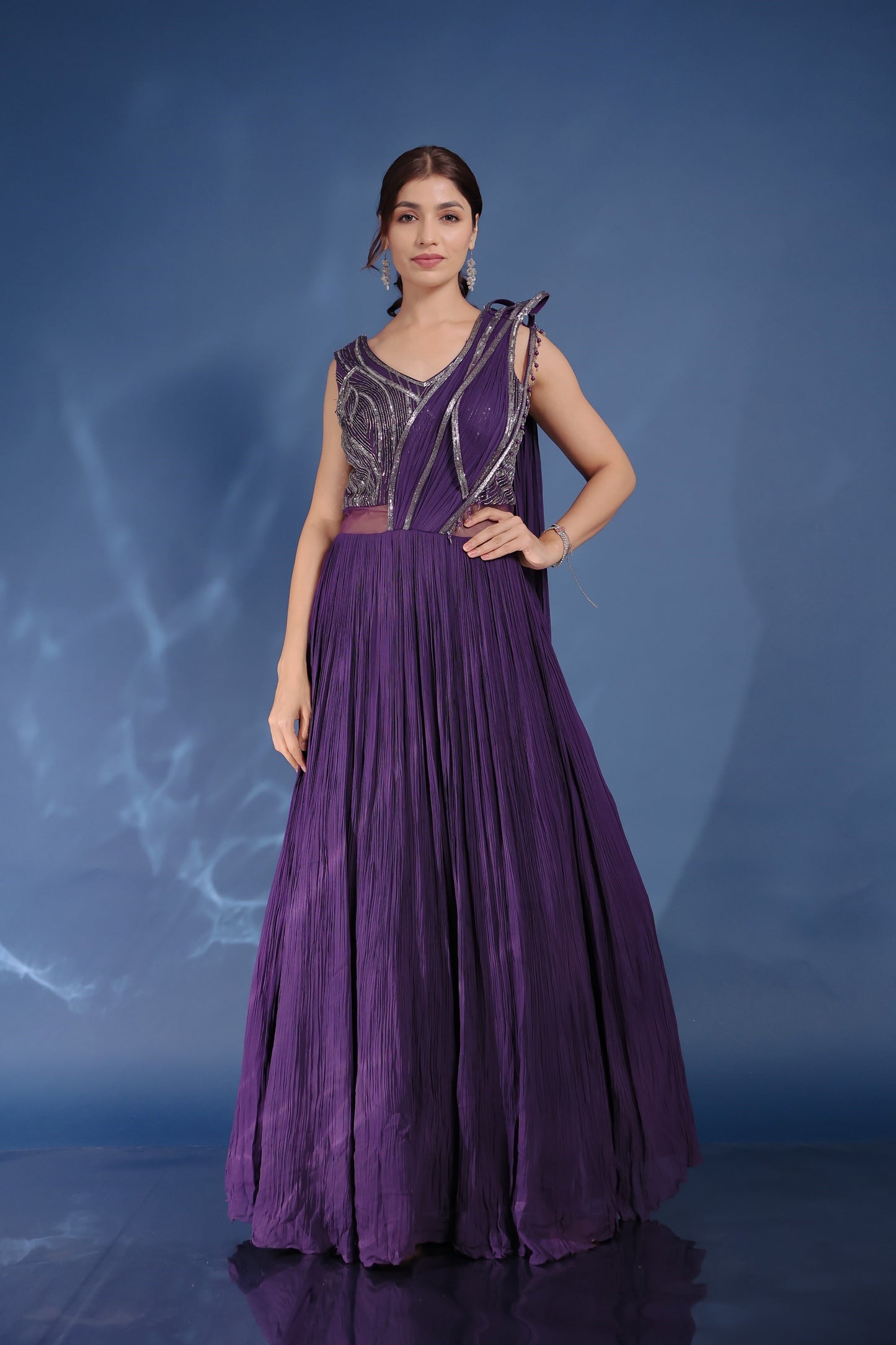 Violet Embellished Gown With Attached Drape