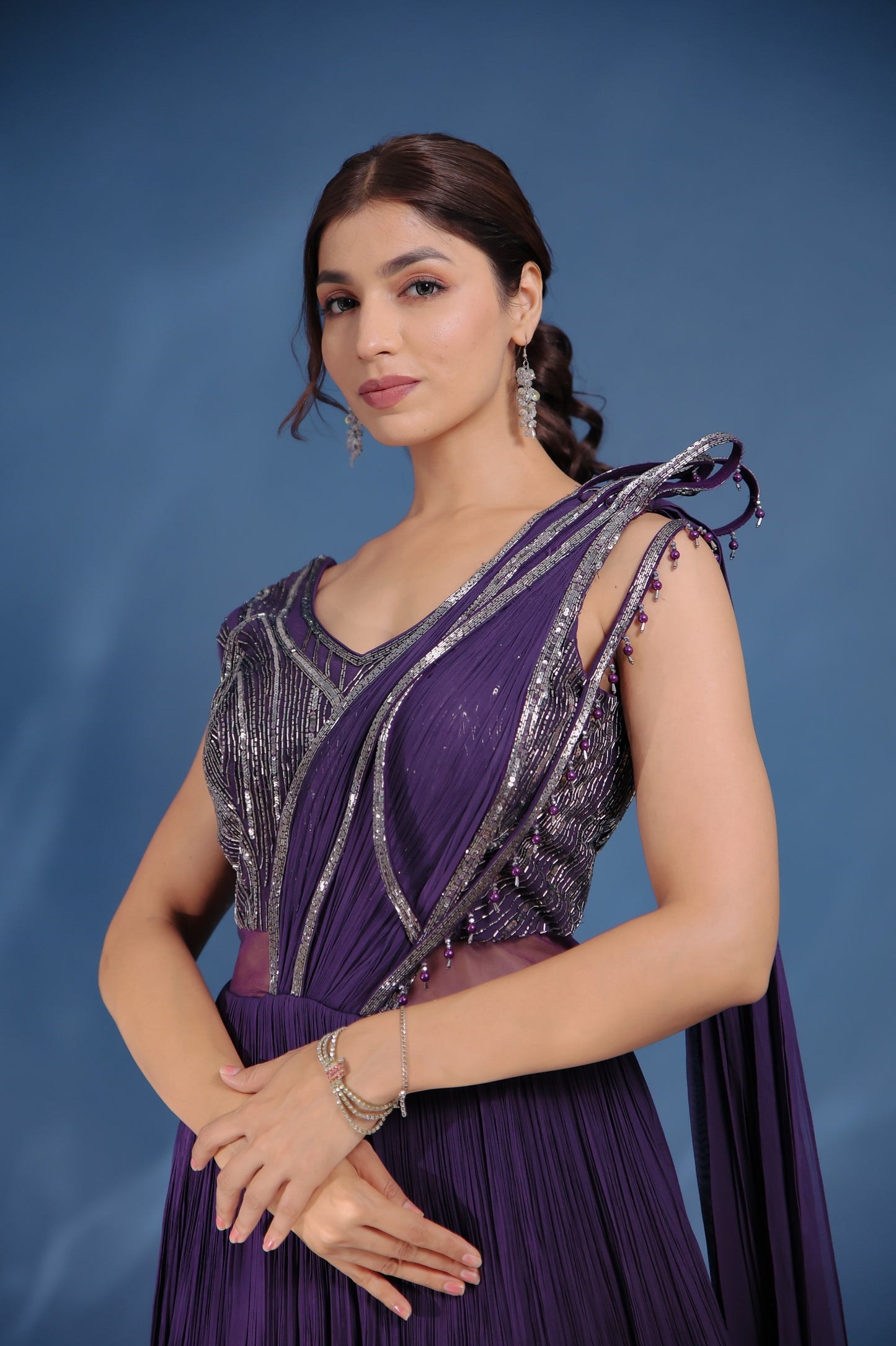 Violet Embellished Gown With Attached Drape