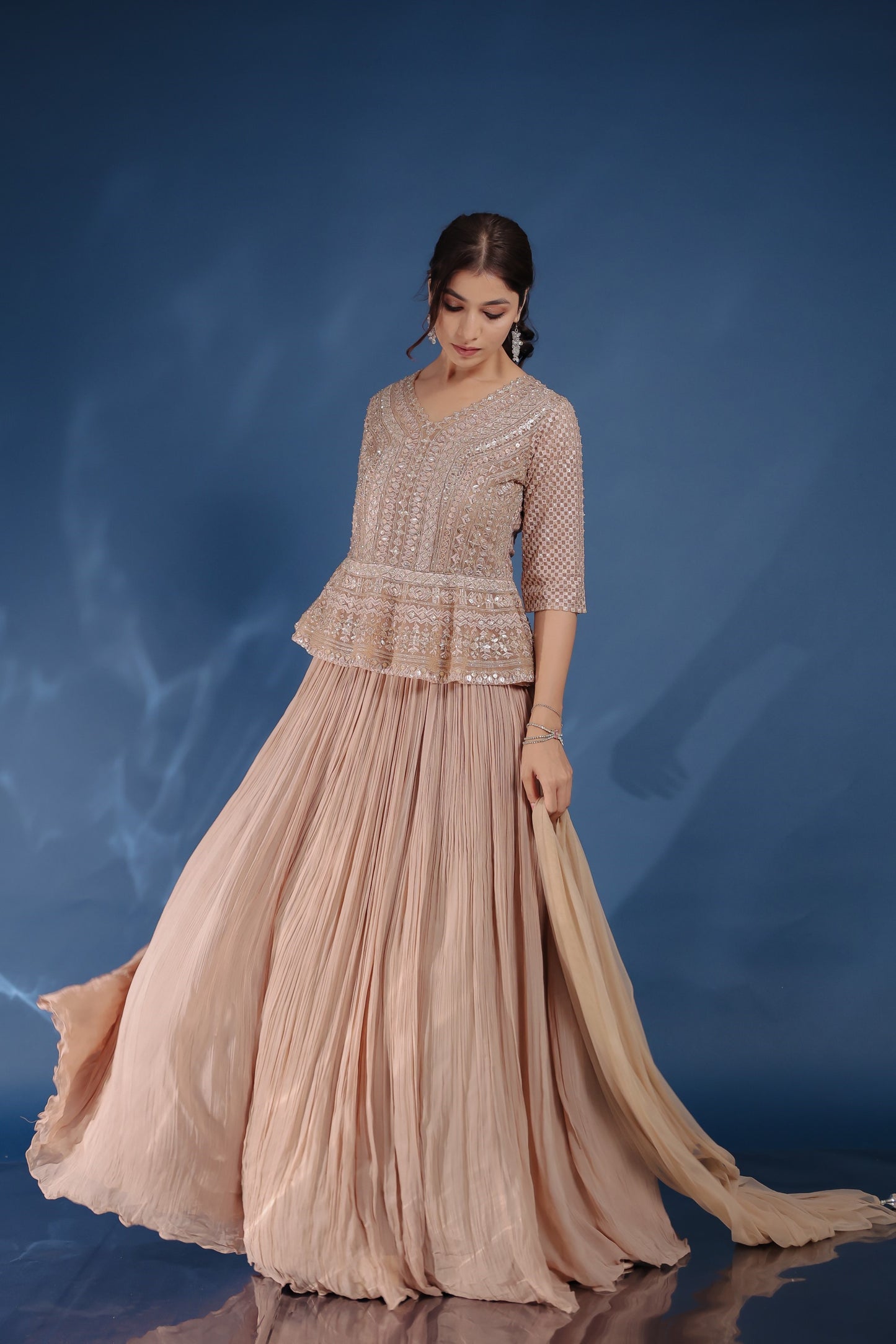 Light Beige Colour Georgette Gown With Fine Net Jacket And Dupatta