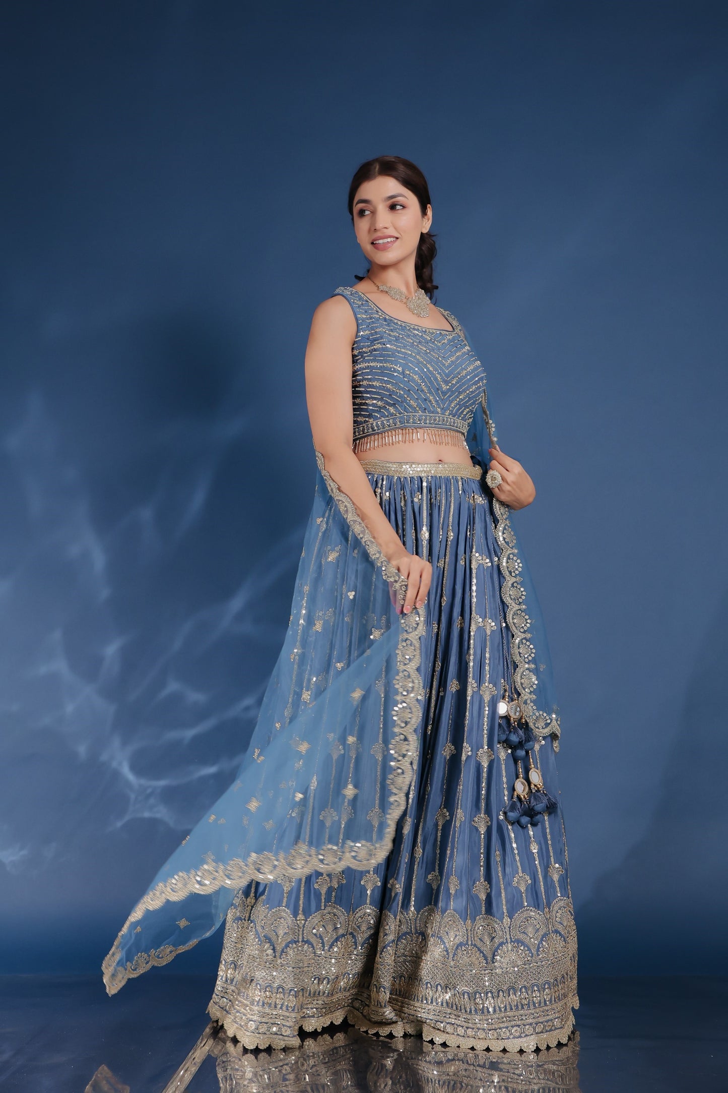Steel Blue Chinnon Silk Lehenga And Crop Top With Zari And Sequin Work