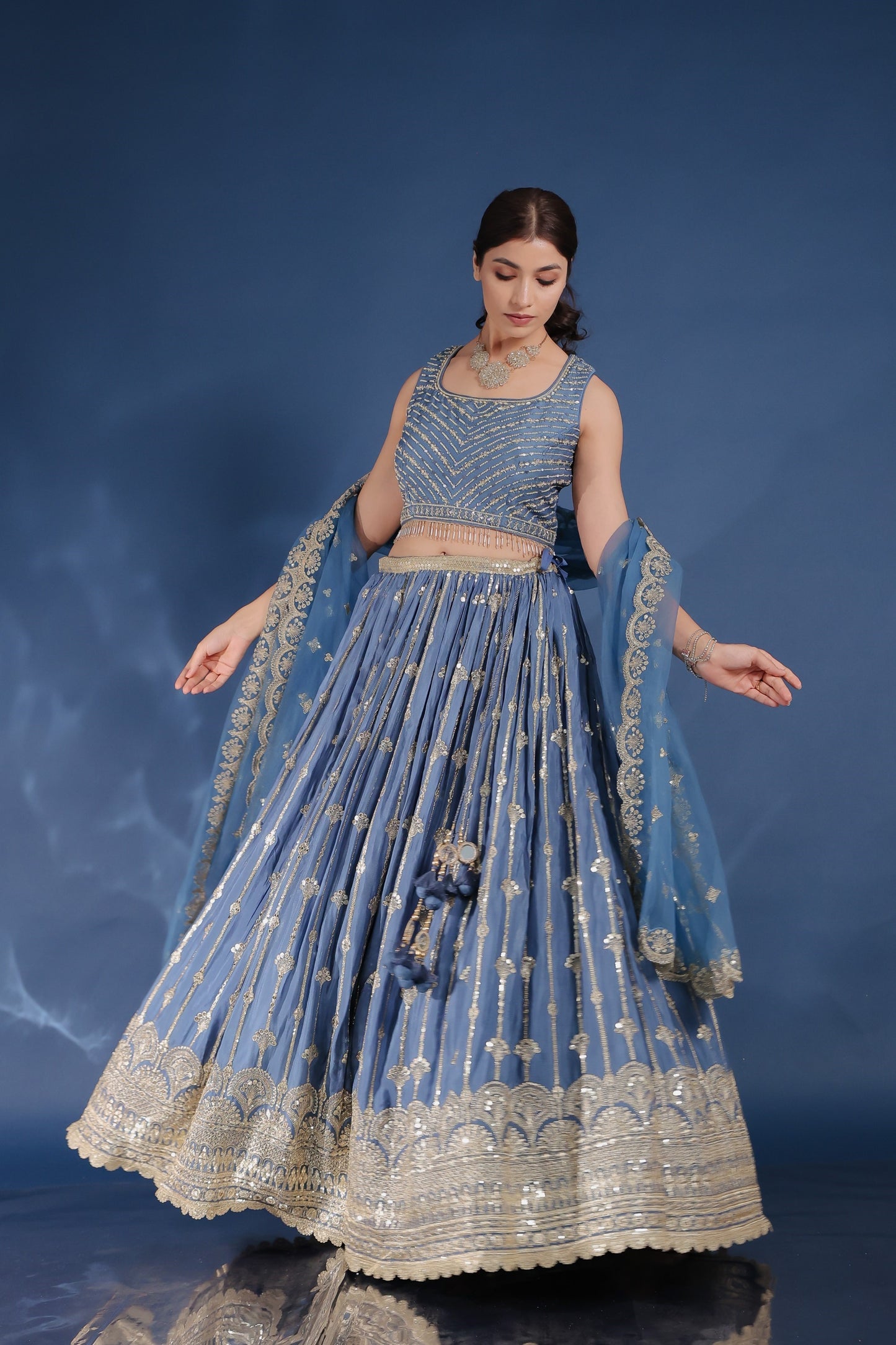 Steel Blue Chinnon Silk Lehenga And Crop Top With Zari And Sequin Work