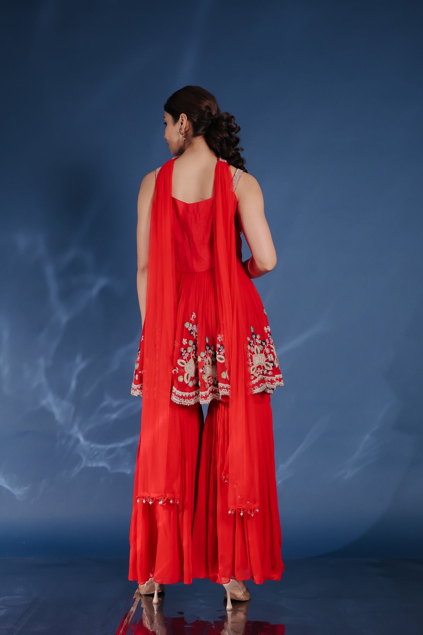 Red Georgette Peplum With Sharara And Dupatta