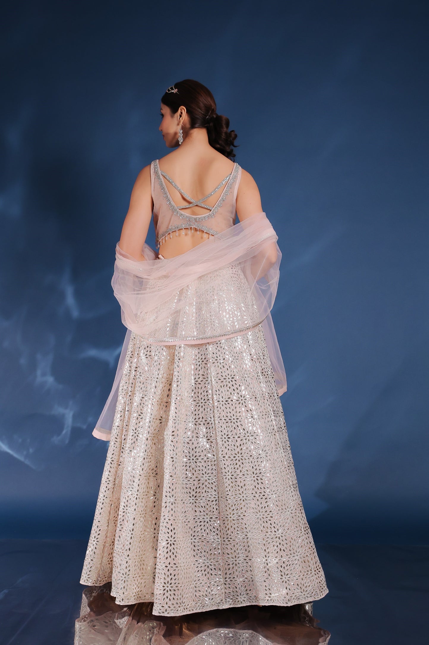 Baby Pink Lehenga And Crop Top Set With Moti, Zari And Mirror Work