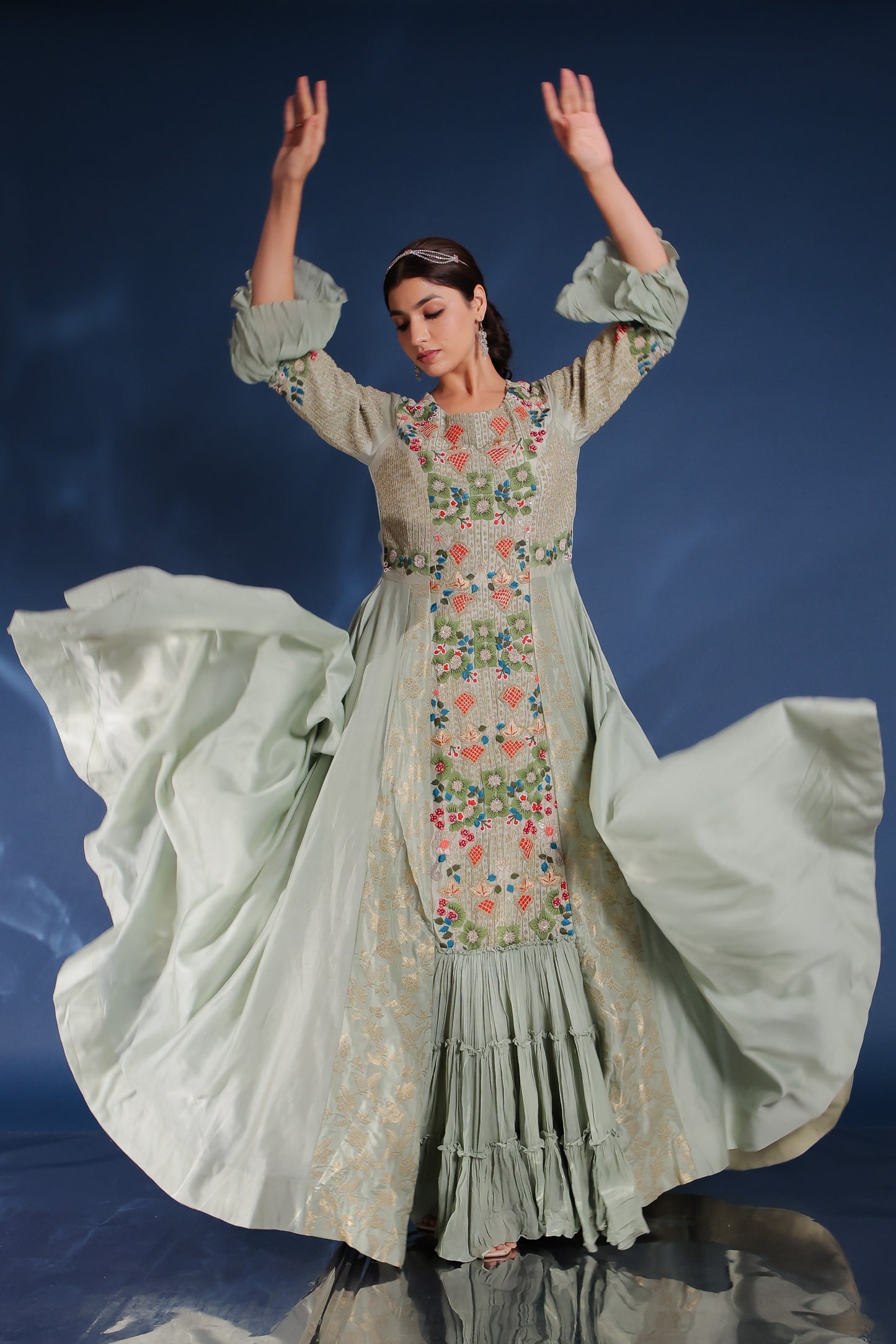 Moss Green Blooming Print Flaired Long Anarkali Dress With Embellished Sleeve And Front Pannel