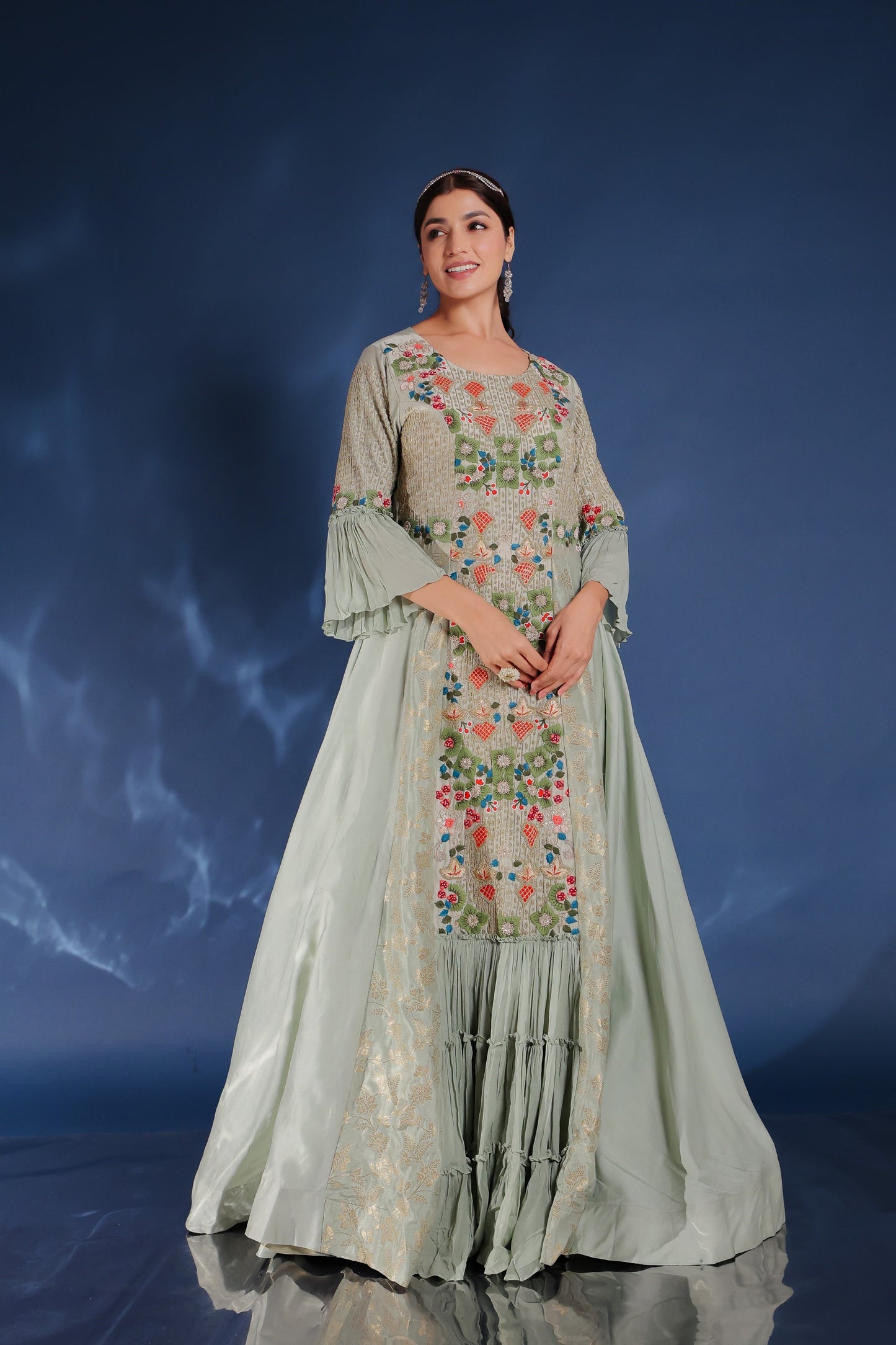 Moss Green Blooming Print Flaired Long Anarkali Dress With Embellished Sleeve And Front Pannel