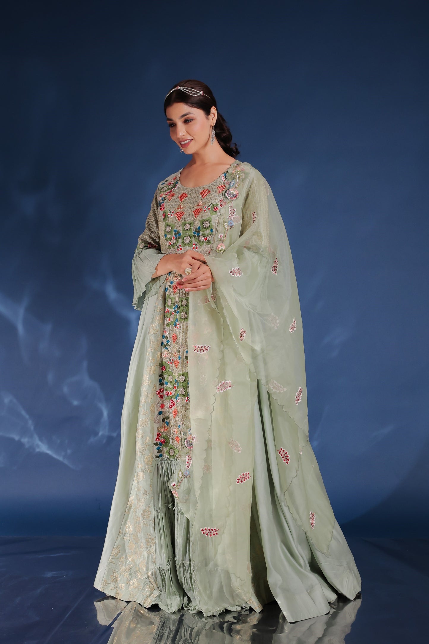 Moss Green Blooming Print Flaired Long Anarkali Dress With Embellished Sleeve And Front Pannel
