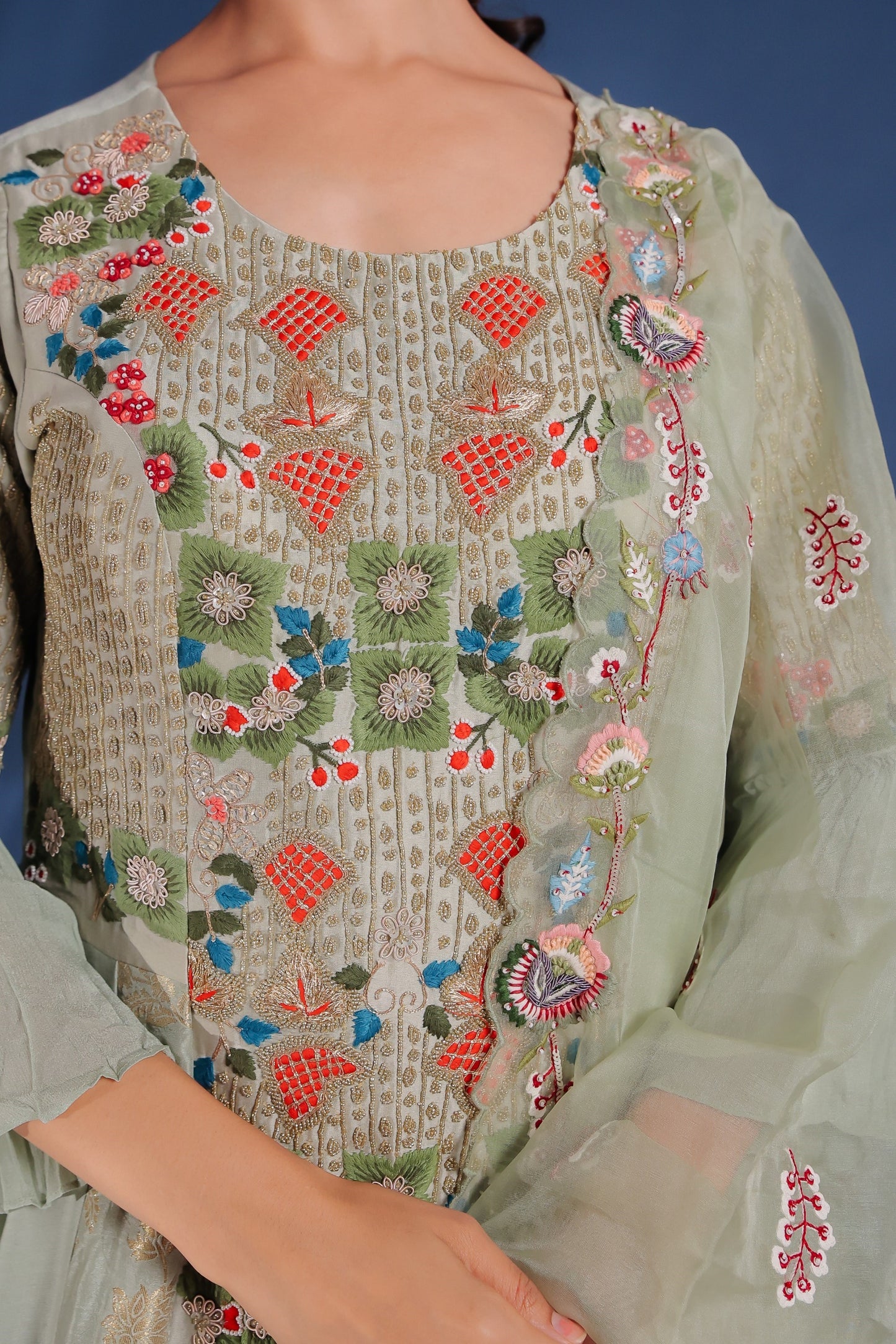 Moss Green Blooming Print Flaired Long Anarkali Dress With Embellished Sleeve And Front Pannel