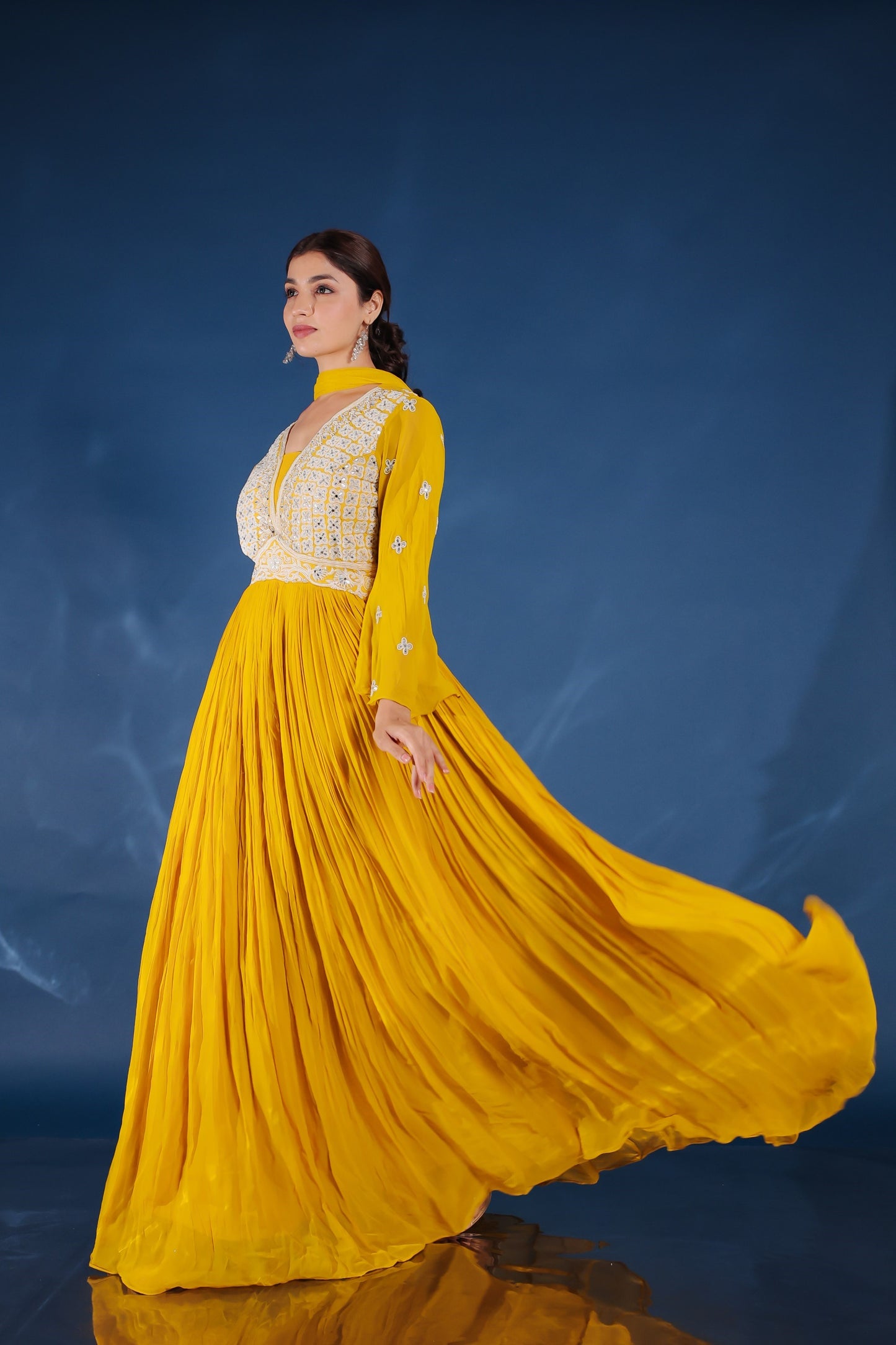 Mustard Yellow Georgette Moti, Mirror And Zardozi Work Flared Pleated Gown With Dupatta
