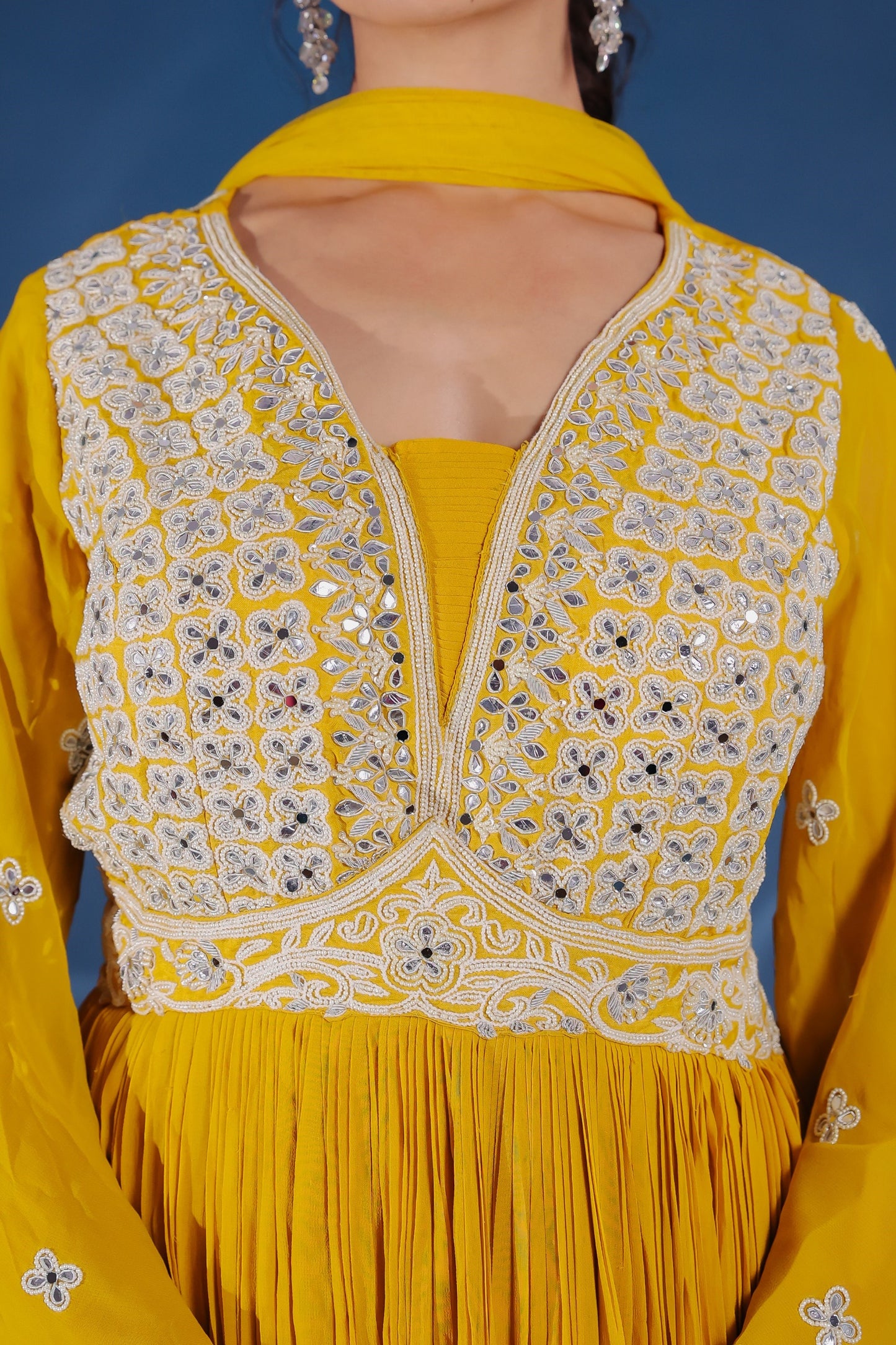 Mustard Yellow Georgette Moti, Mirror And Zardozi Work Flared Pleated Gown With Dupatta