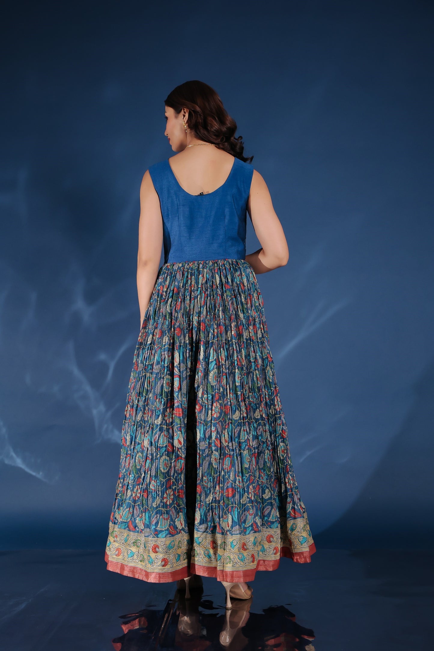Navy Blue Printed Flared Gown Set