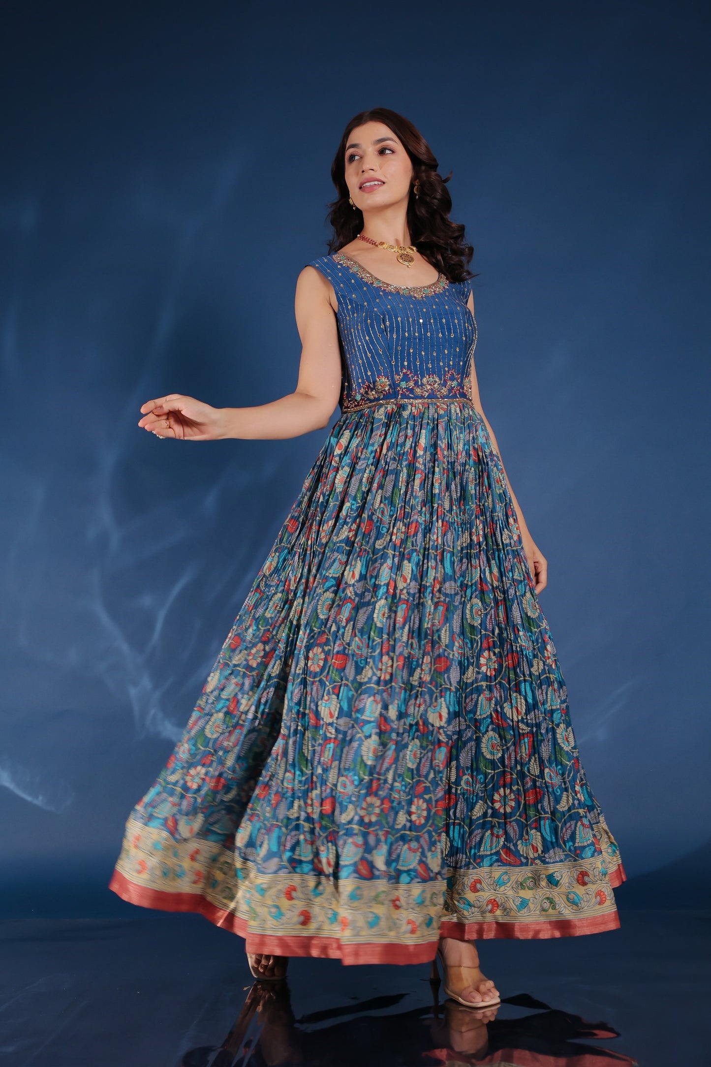 Navy Blue Printed Flared Gown Set