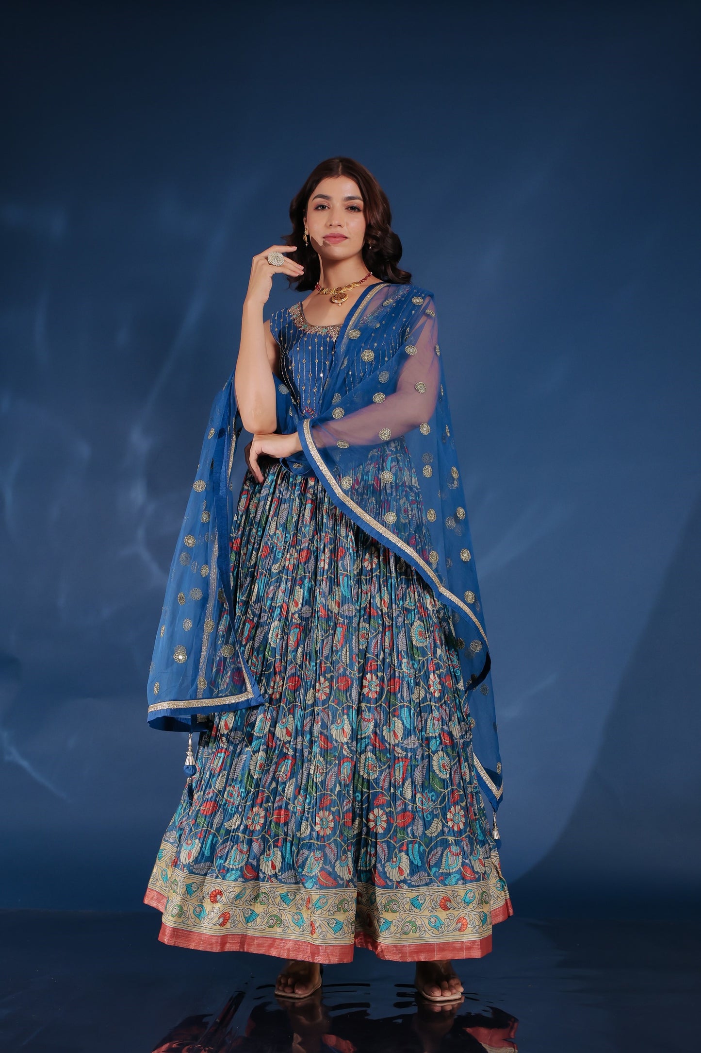Navy Blue Printed Flared Gown Set