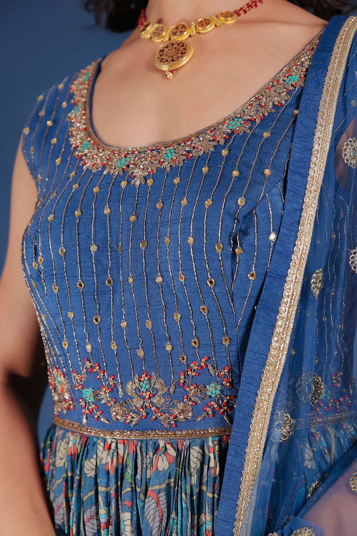 Navy Blue Printed Flared Gown Set