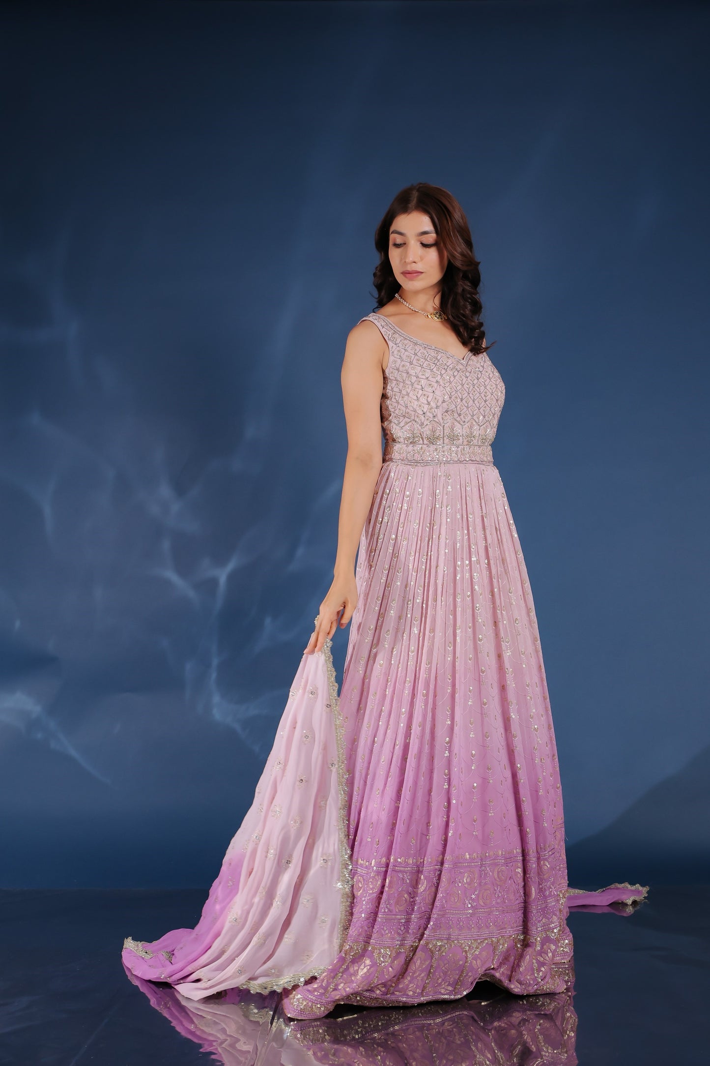 Ombre Lavender Georgette Embellished Anarkali Set