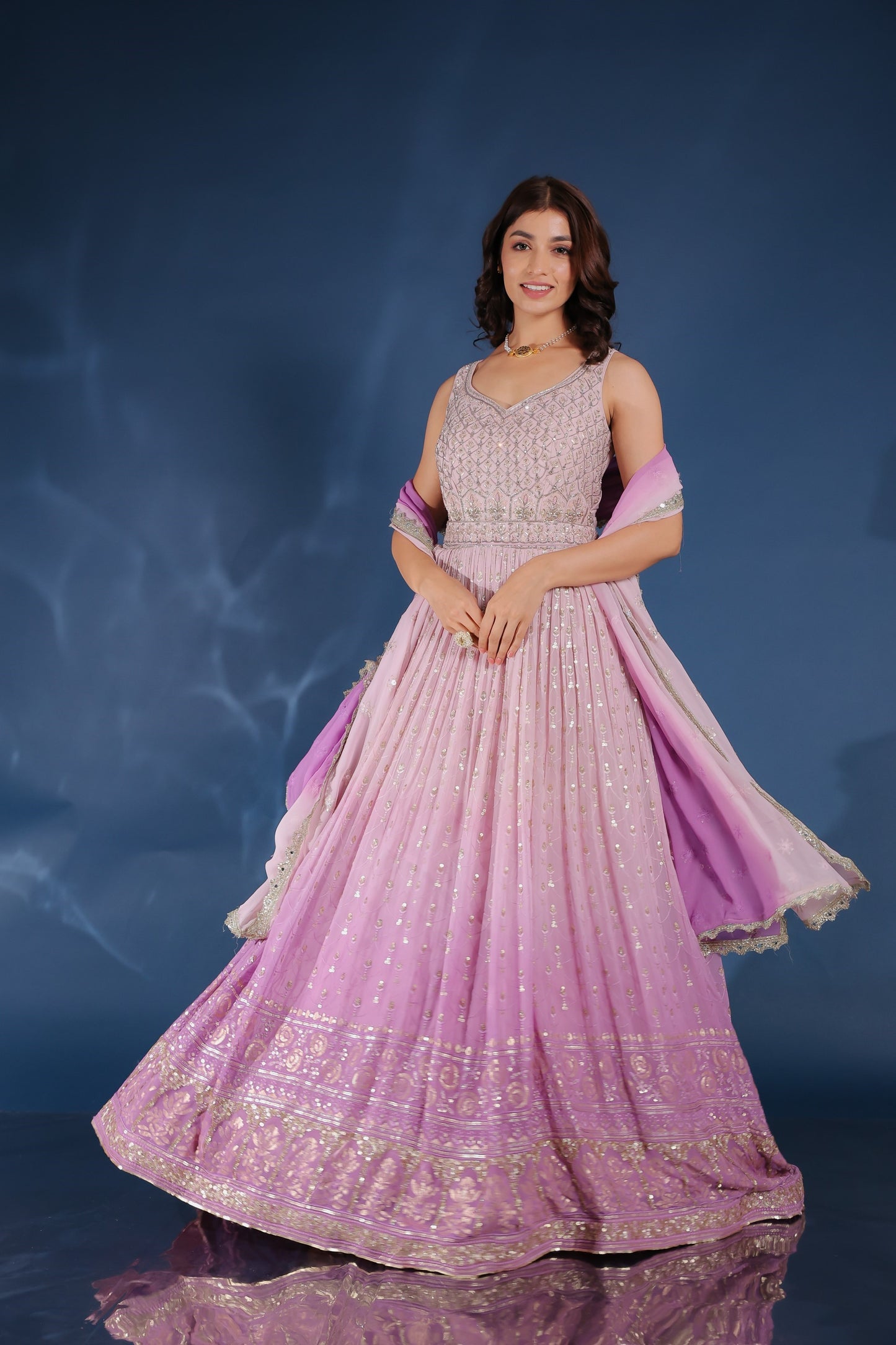 Ombre Lavender Georgette Embellished Anarkali Set