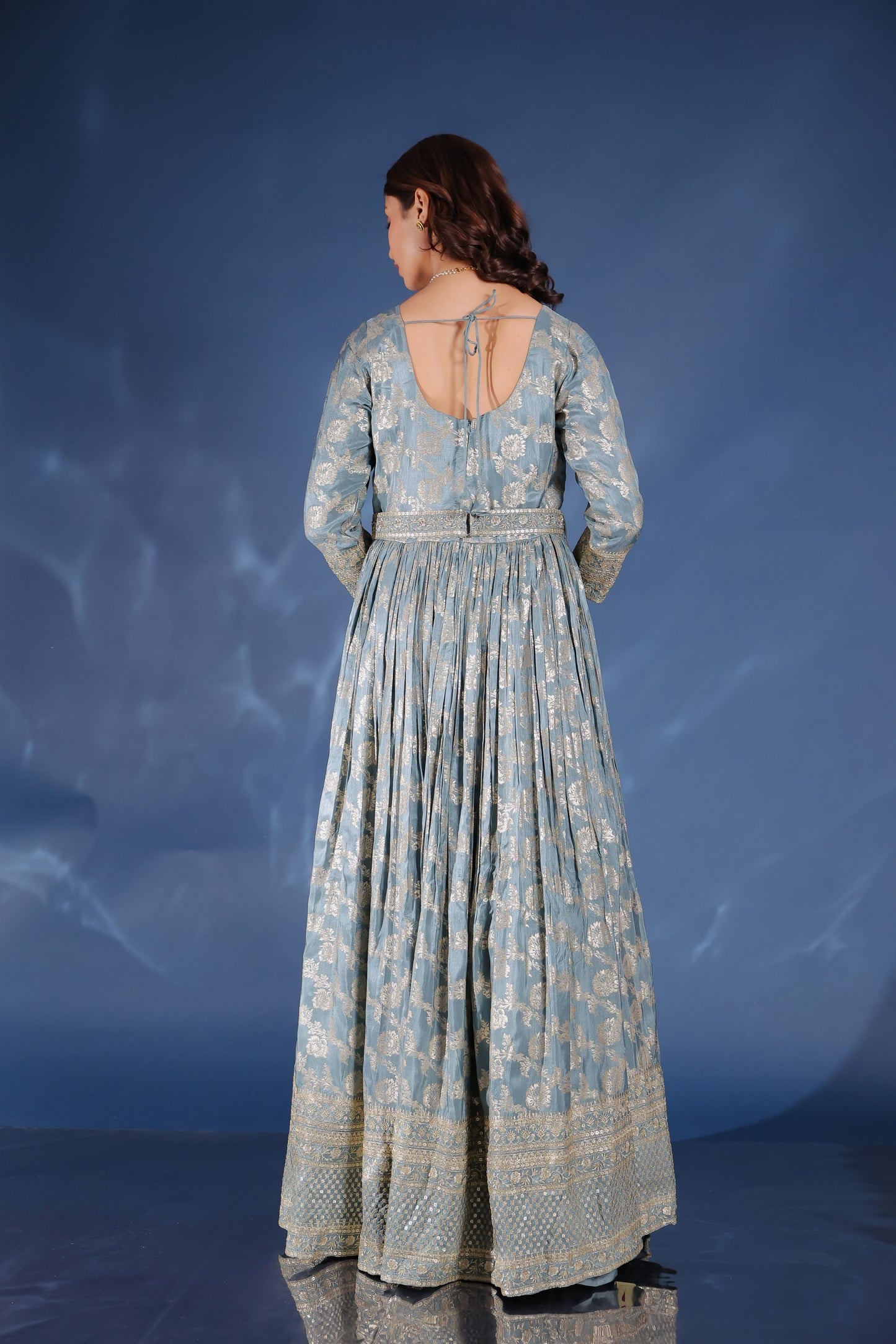 Slate Grey Banarasi Crape Silk Zari Embellished Gown Set