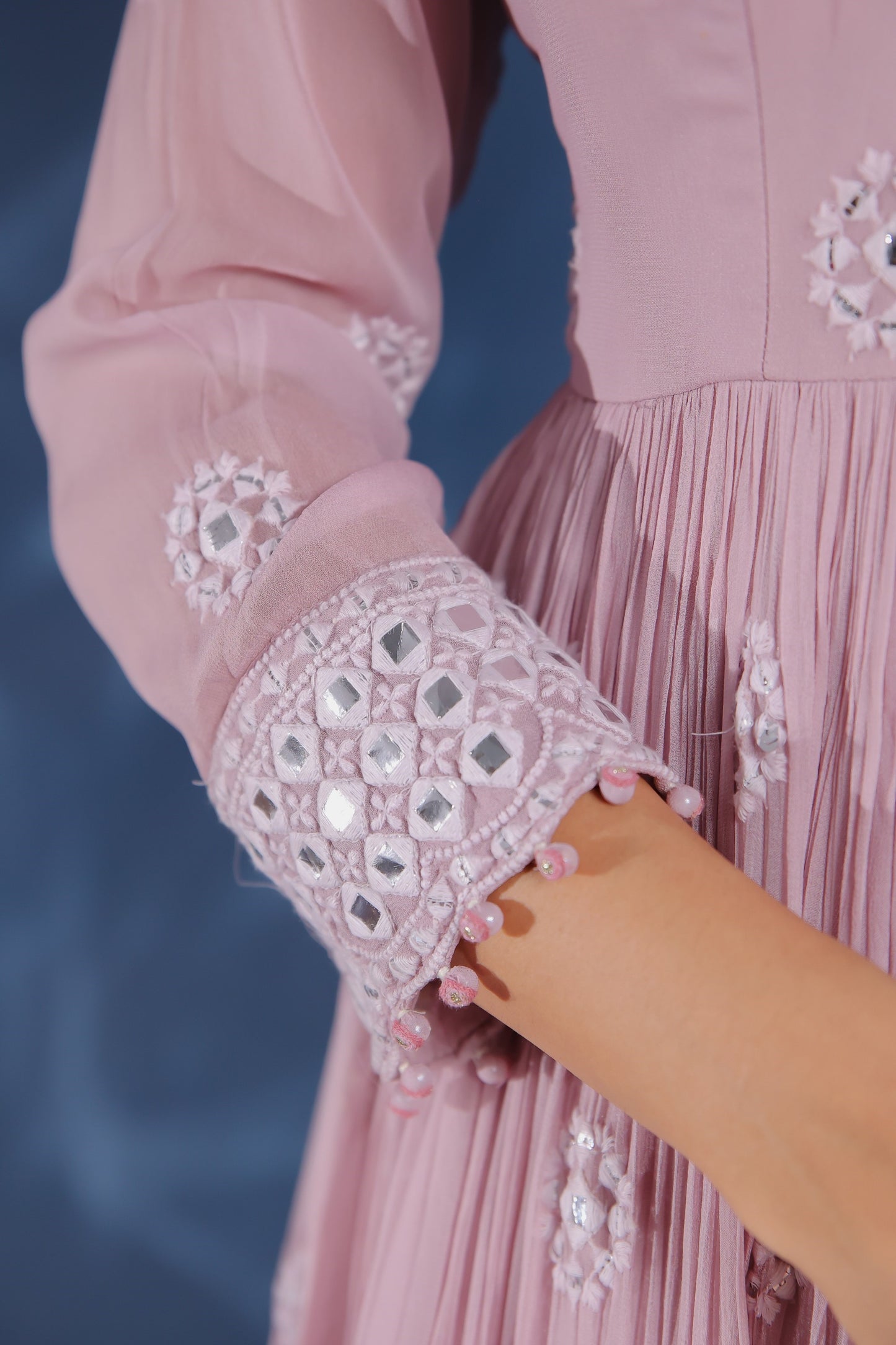 Light Lavender Georgette Thread And Mirror Embellished Anarkali And Palazzo Set