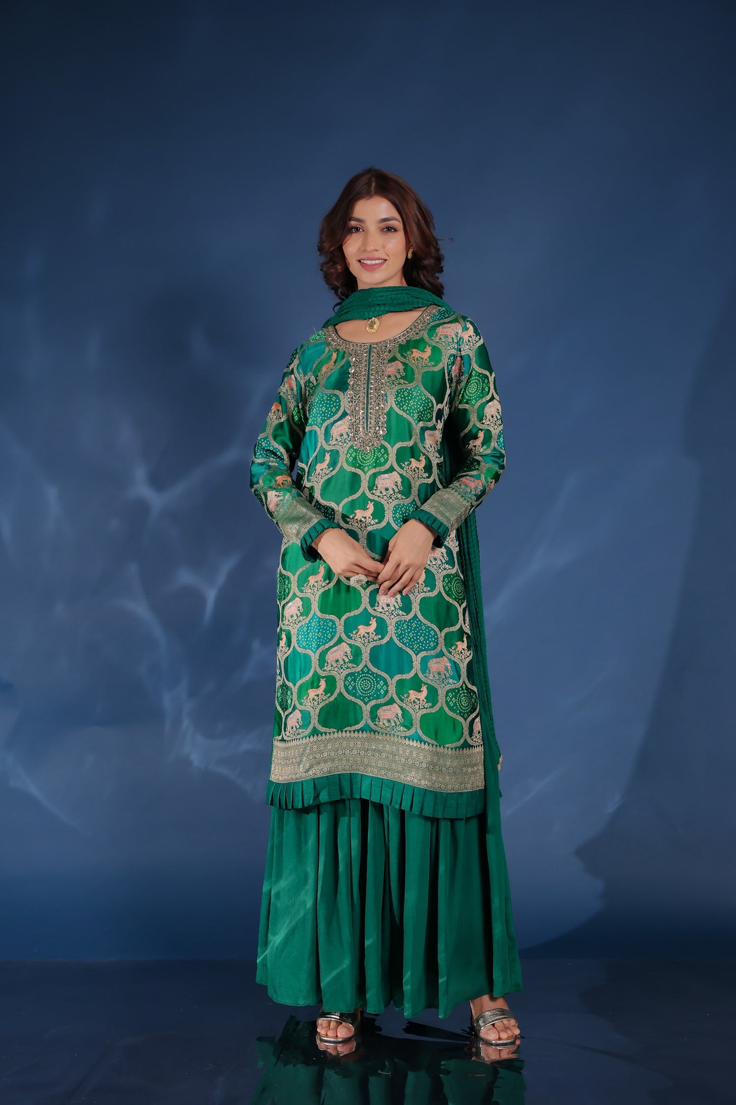 Dark Green Patola And Animal Print Ghatchola Kurta With Sharara And Dupatta