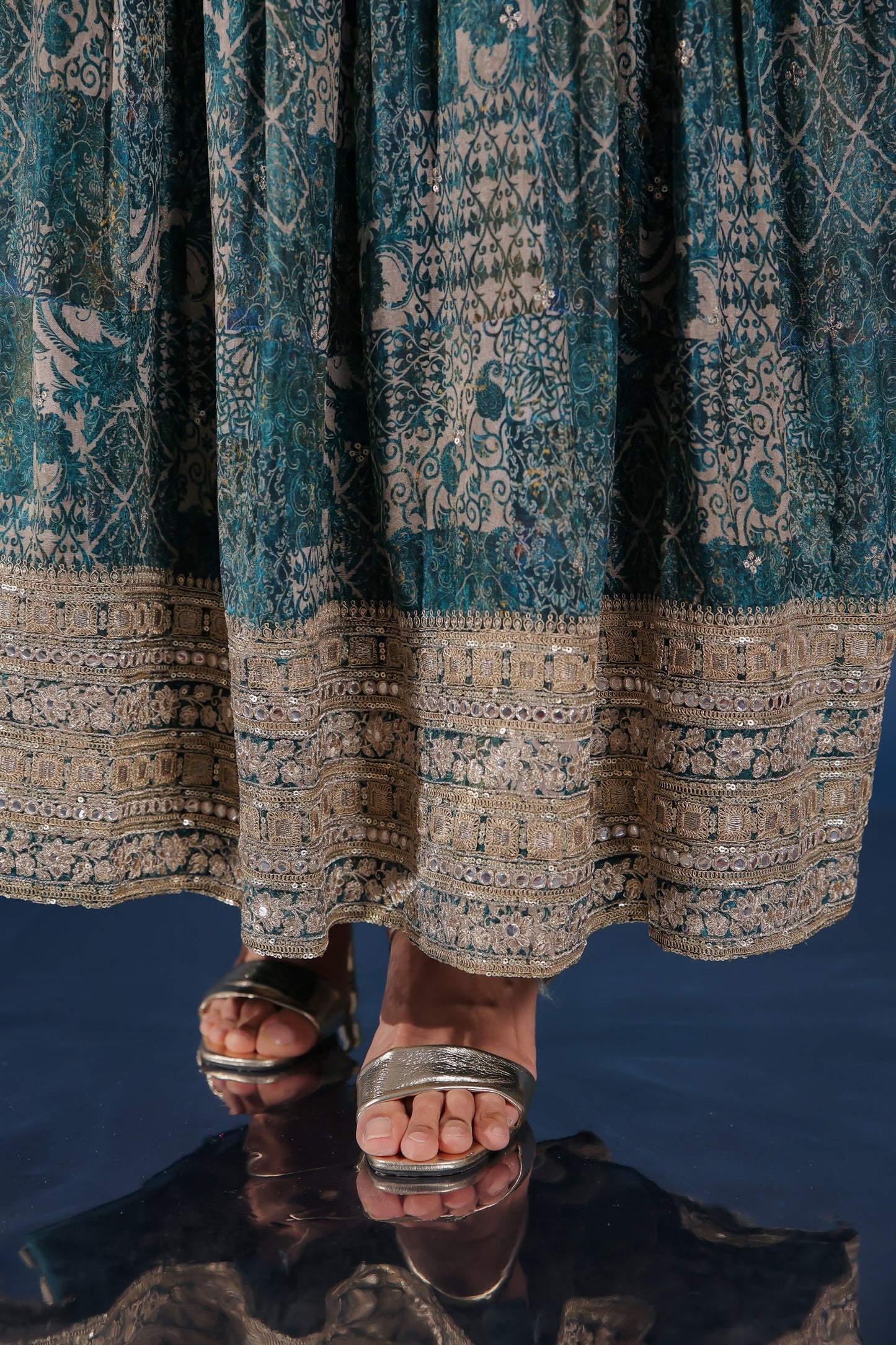 Peacock Blue Zari Work Side Slit Kurta Palazzo Set