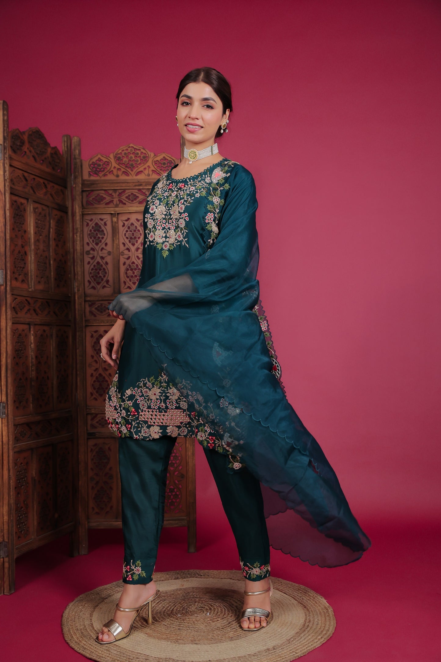 Dark Pine Green Raw Silk Embellished Kurta Set