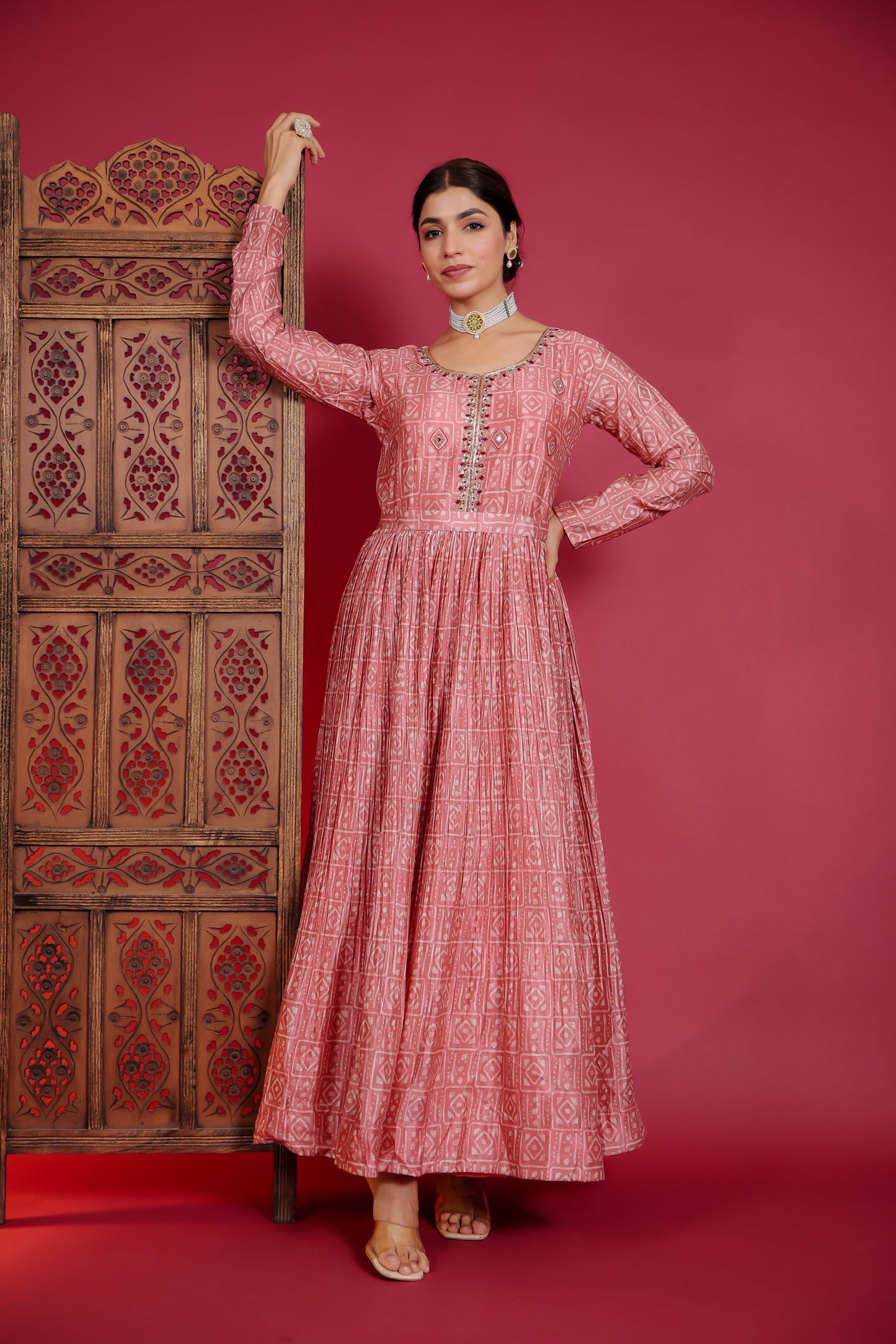 Coral Red Crape Silk Flared Gown