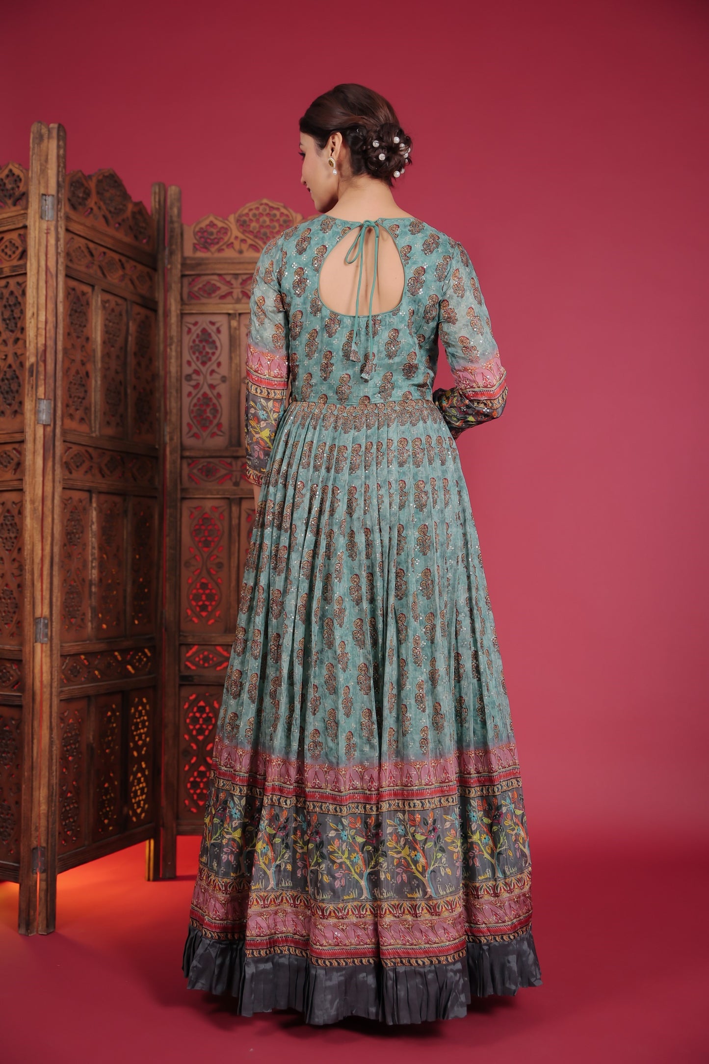 Dark Sage Green Multi Printed Gown With Sequin And Thread Work