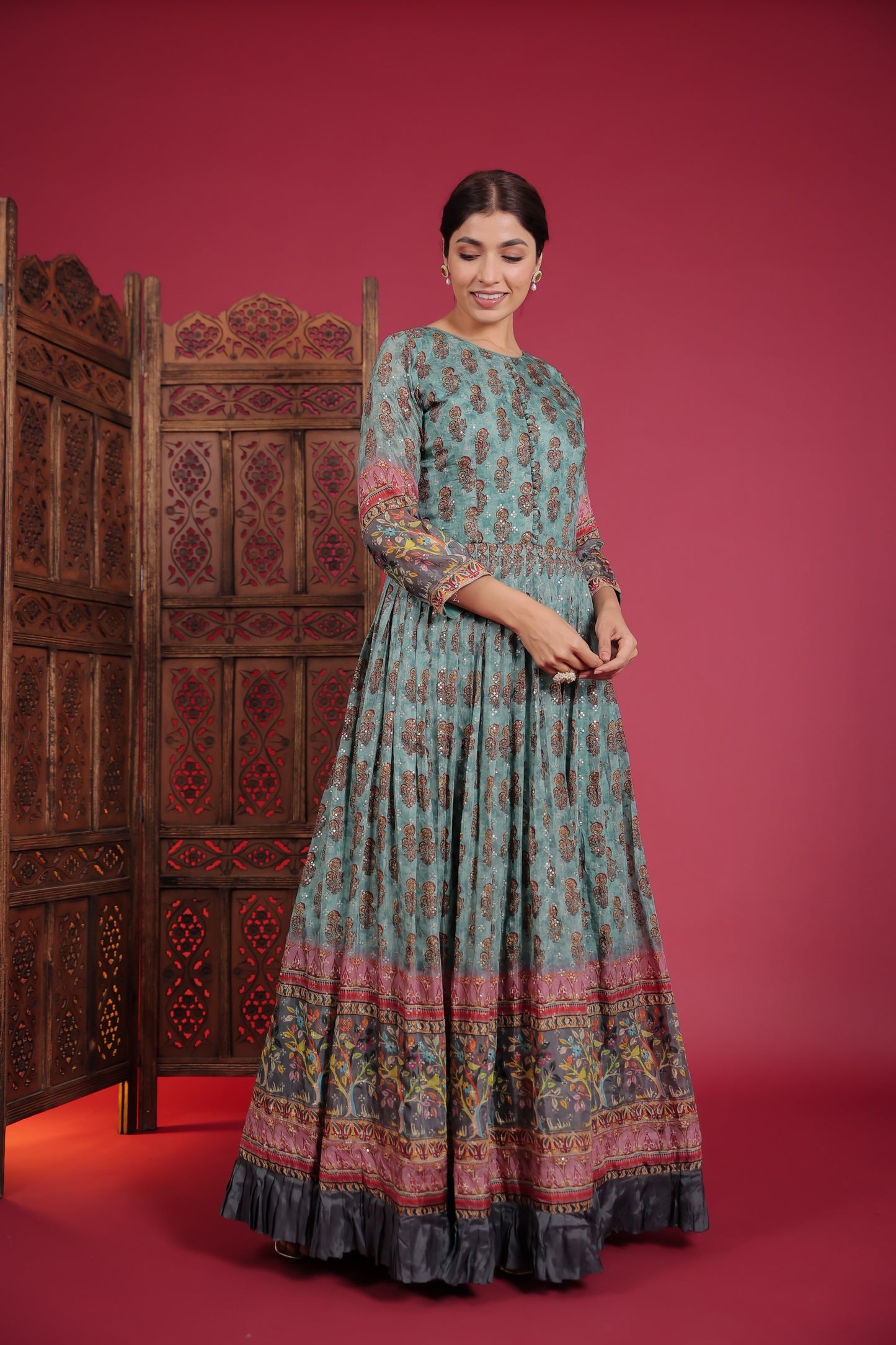 Dark Sage Green Multi Printed Gown With Sequin And Thread Work