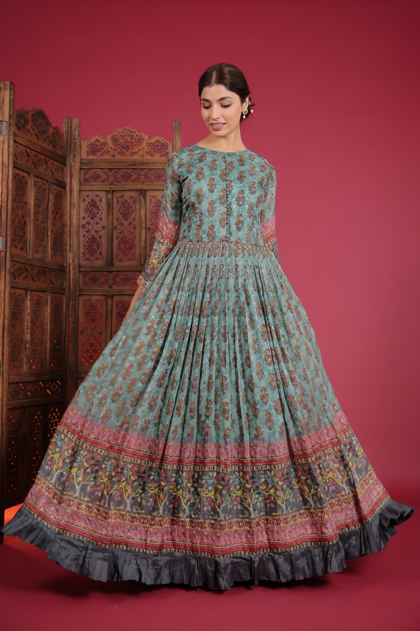 Dark Sage Green Multi Printed Gown With Sequin And Thread Work