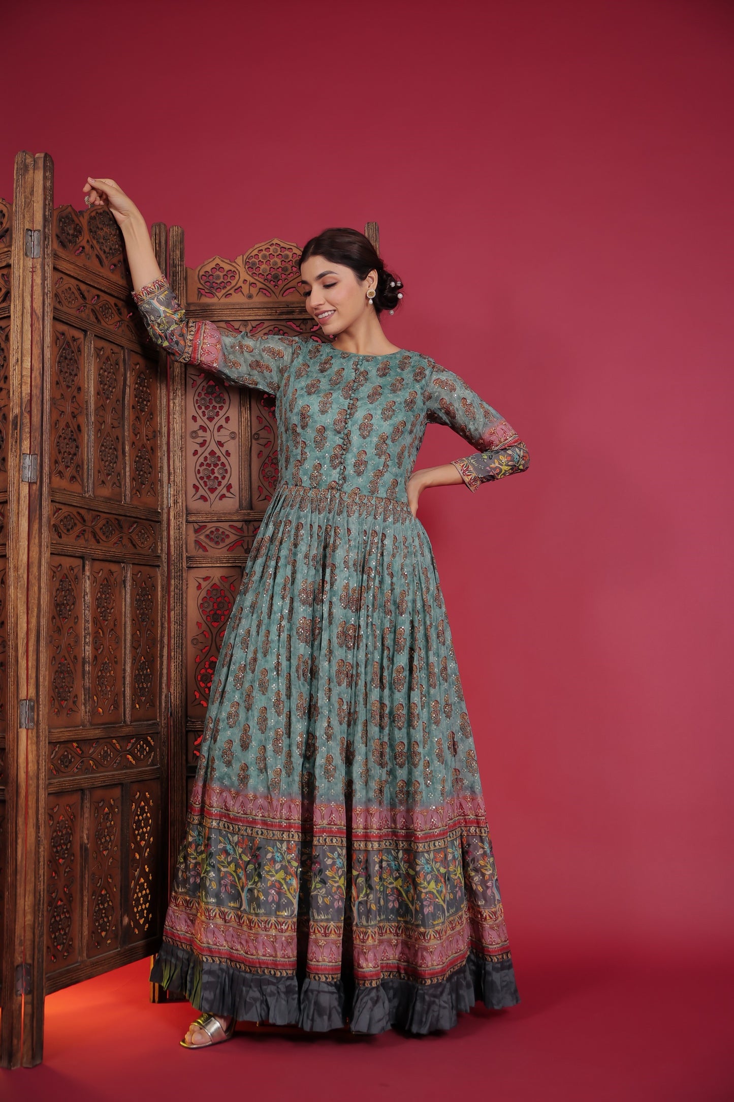 Dark Sage Green Multi Printed Gown With Sequin And Thread Work