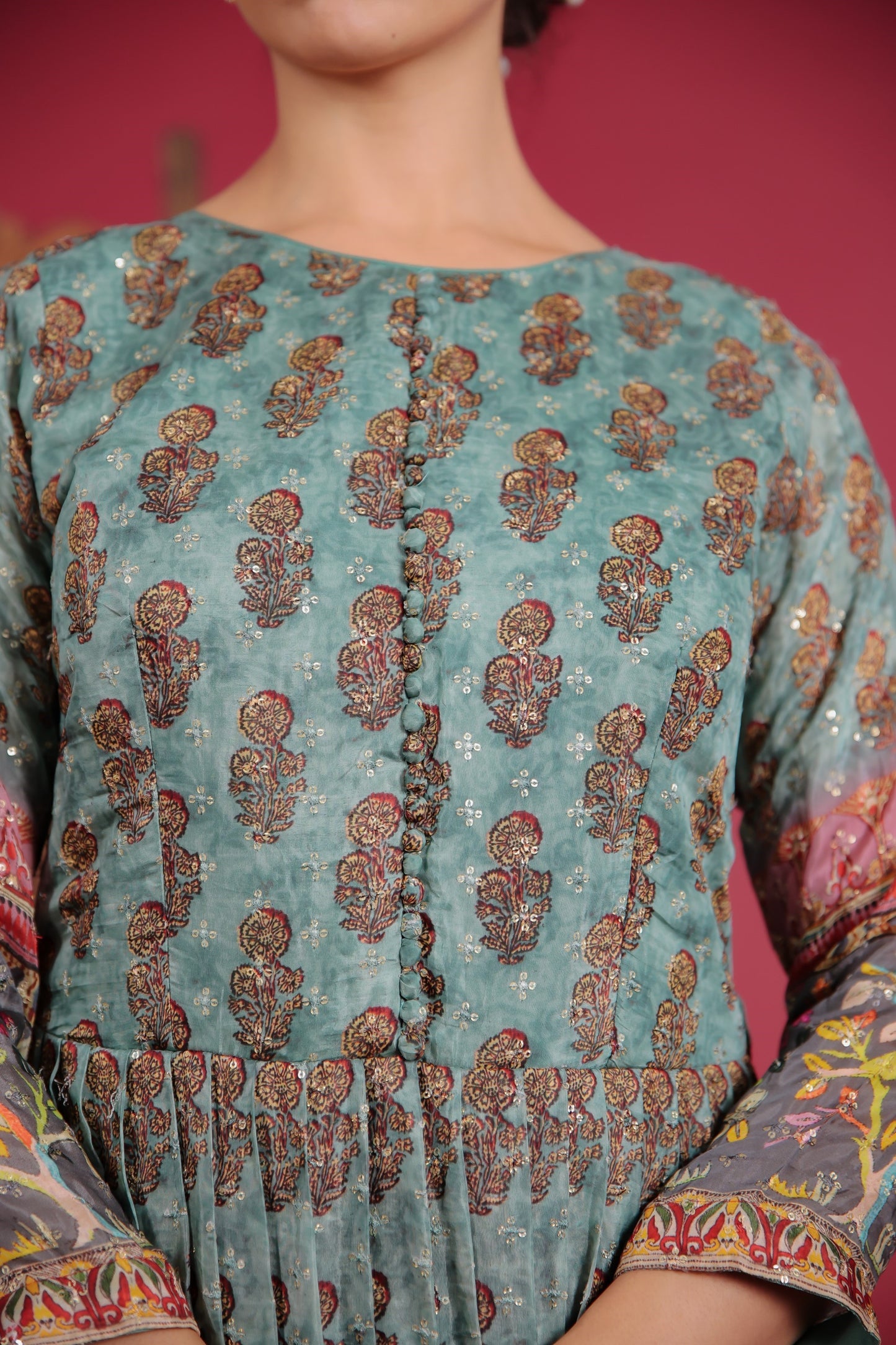 Dark Sage Green Multi Printed Gown With Sequin And Thread Work