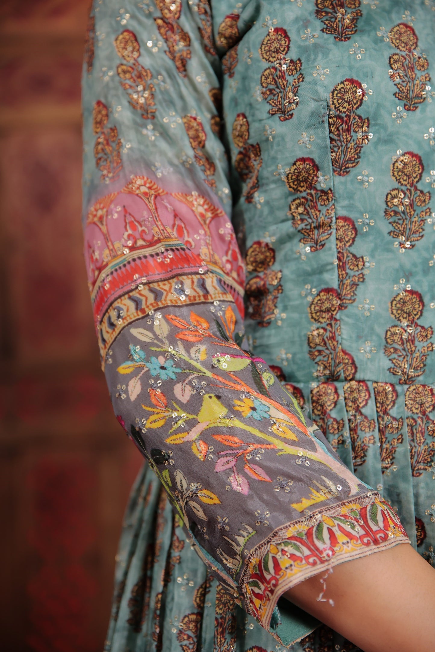 Dark Sage Green Multi Printed Gown With Sequin And Thread Work