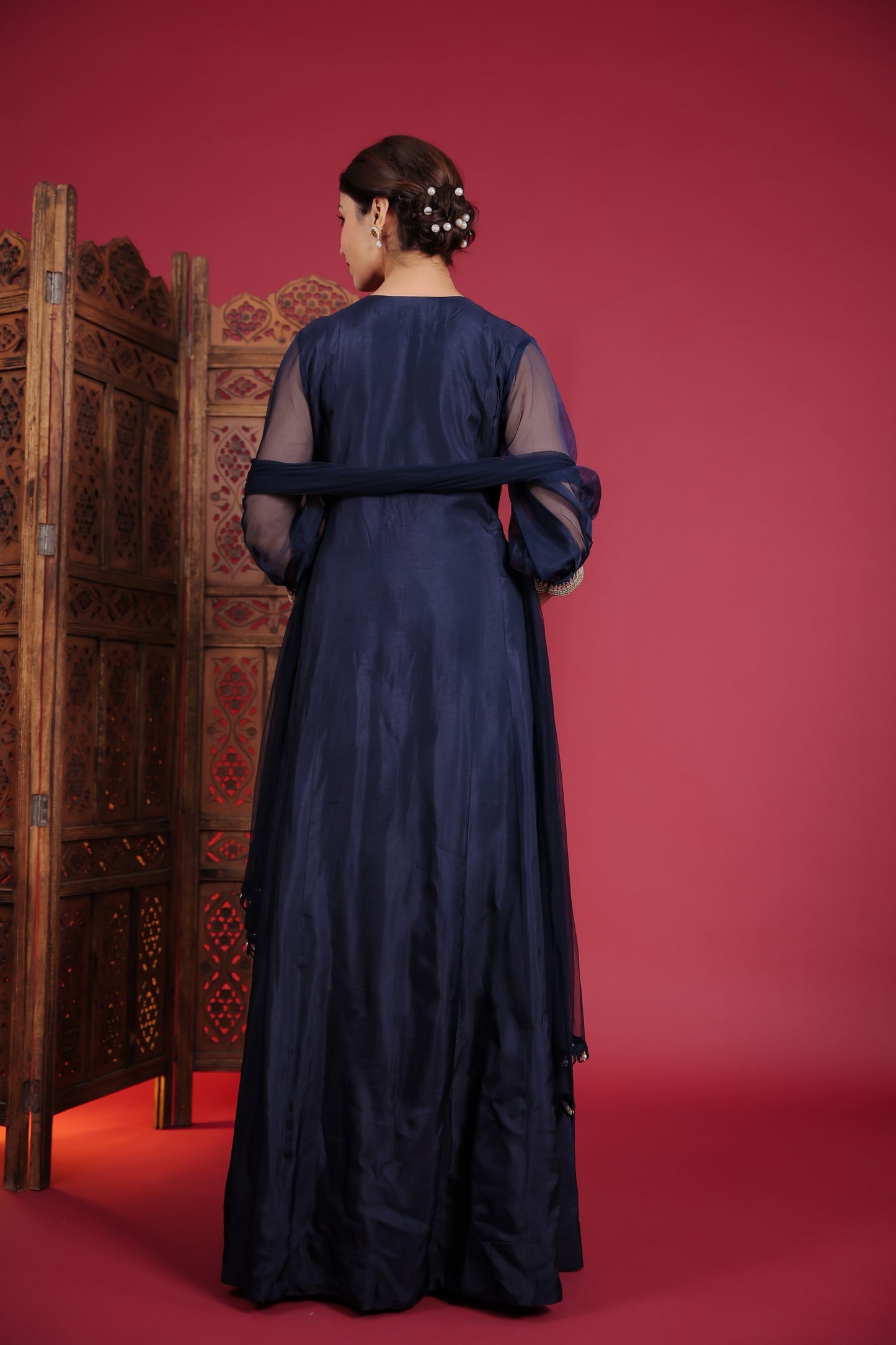 Denim Blue Zardozi Work Pleated Gown With Dupatta