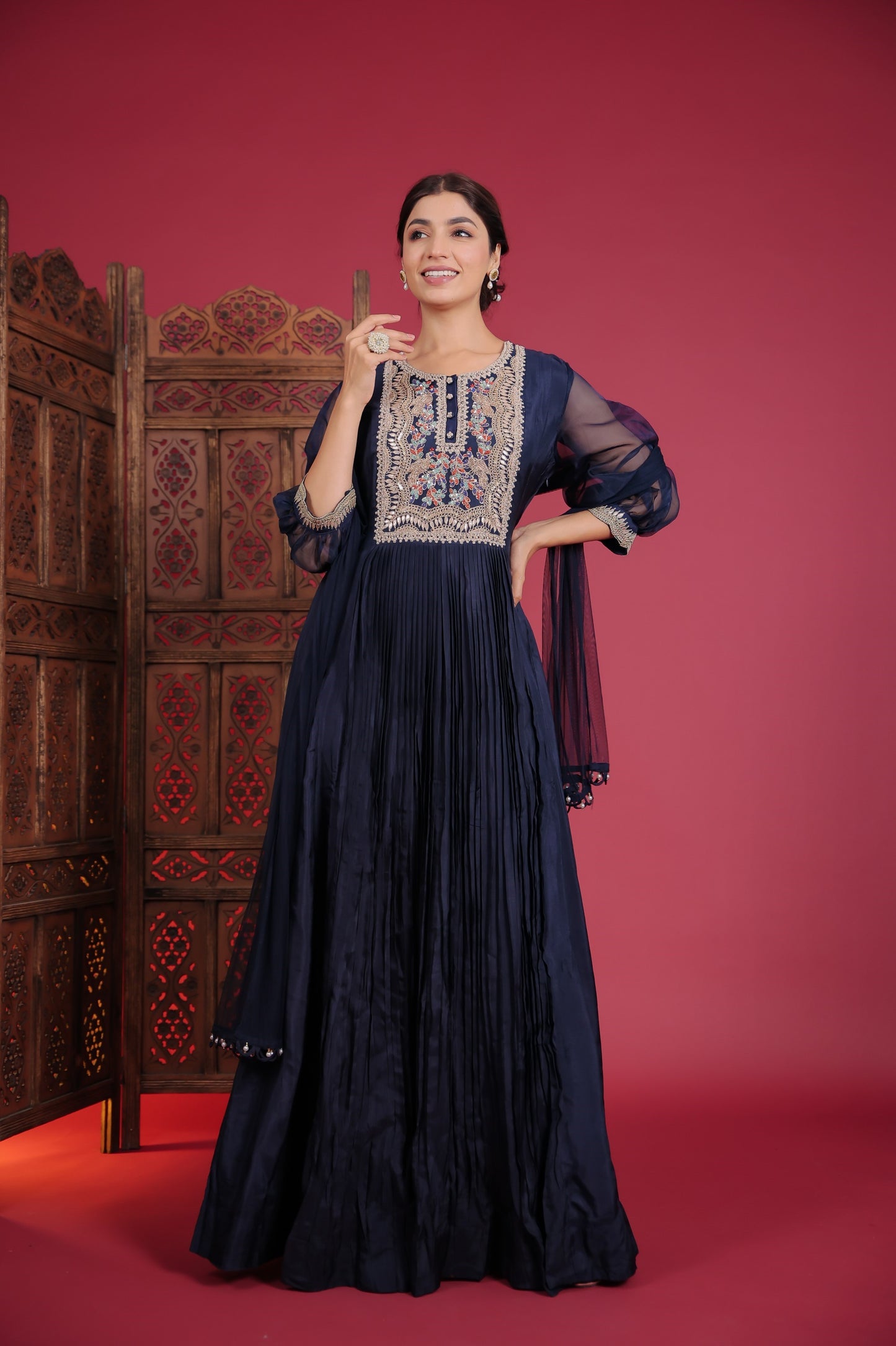 Denim Blue Zardozi Work Pleated Gown With Dupatta