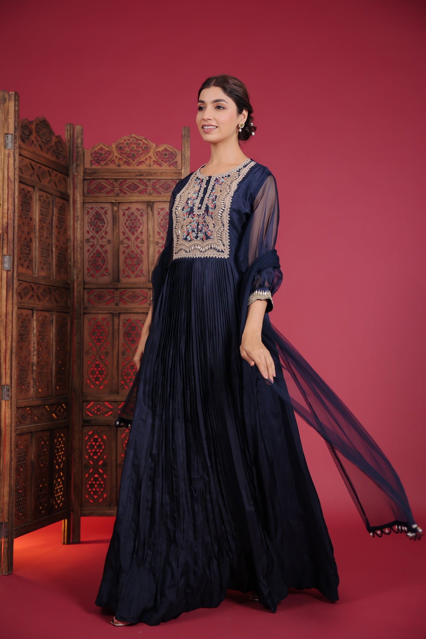 Denim Blue Zardozi Work Pleated Gown With Dupatta