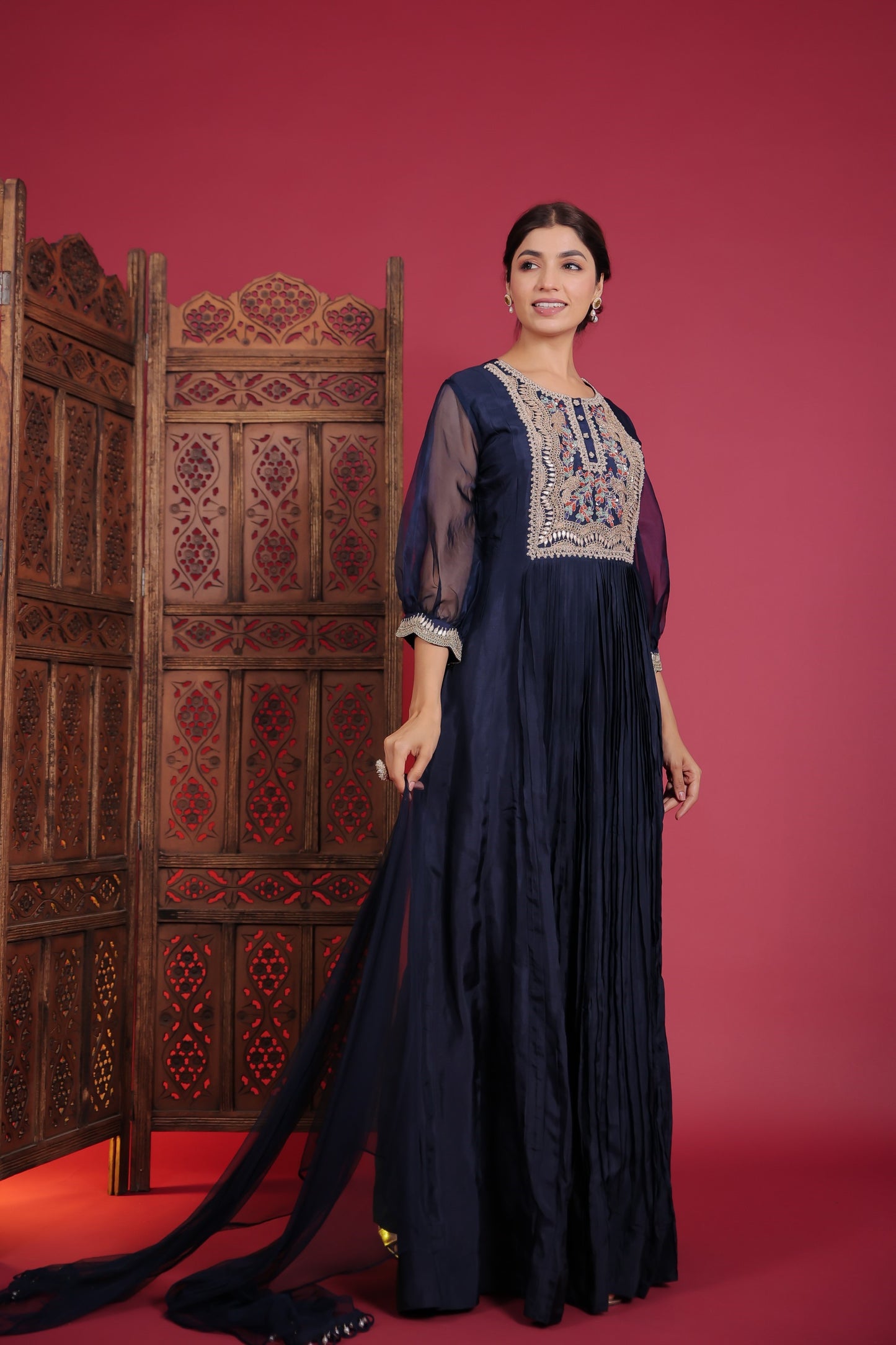 Denim Blue Zardozi Work Pleated Gown With Dupatta