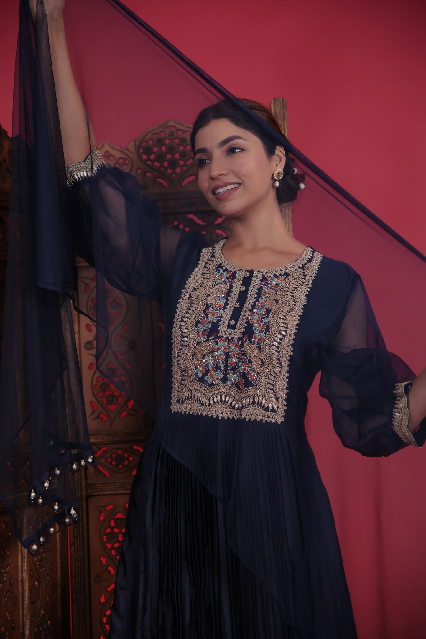 Denim Blue Zardozi Work Pleated Gown With Dupatta
